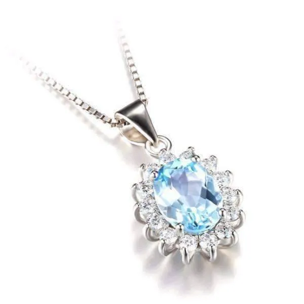 French Blue Halo 2.5CT Genuine Topaz IOBI Precious Gems 925 Sterling Silver Pendant