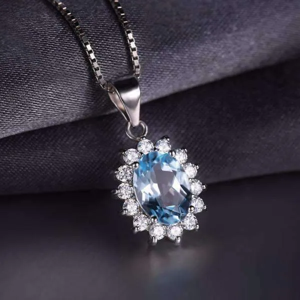 French Blue Halo 2.5CT Genuine Topaz IOBI Precious Gems 925 Sterling Silver Pendant