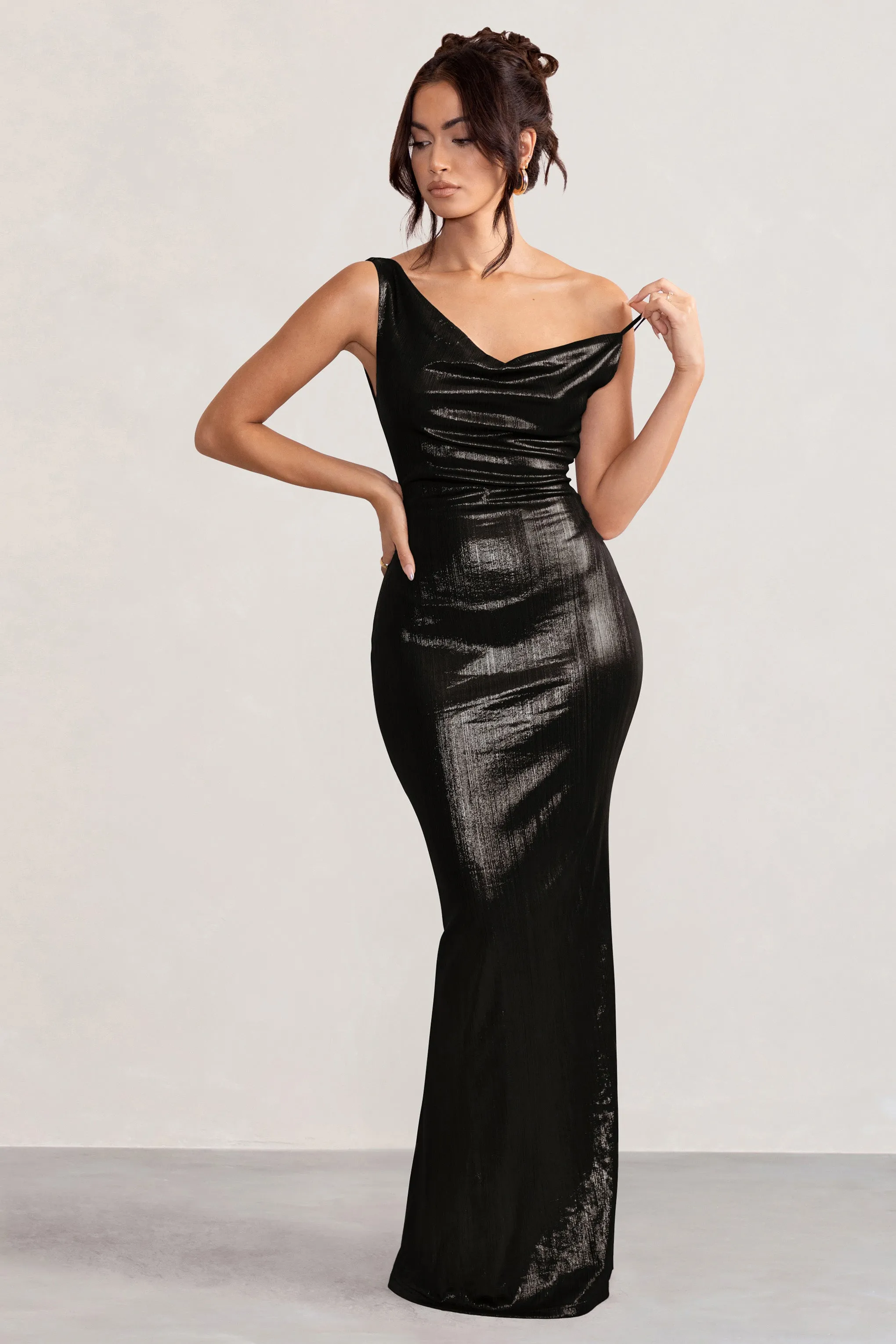 Galaxy Shimmer | Black Bias Cut Cowl Front Maxi Dress