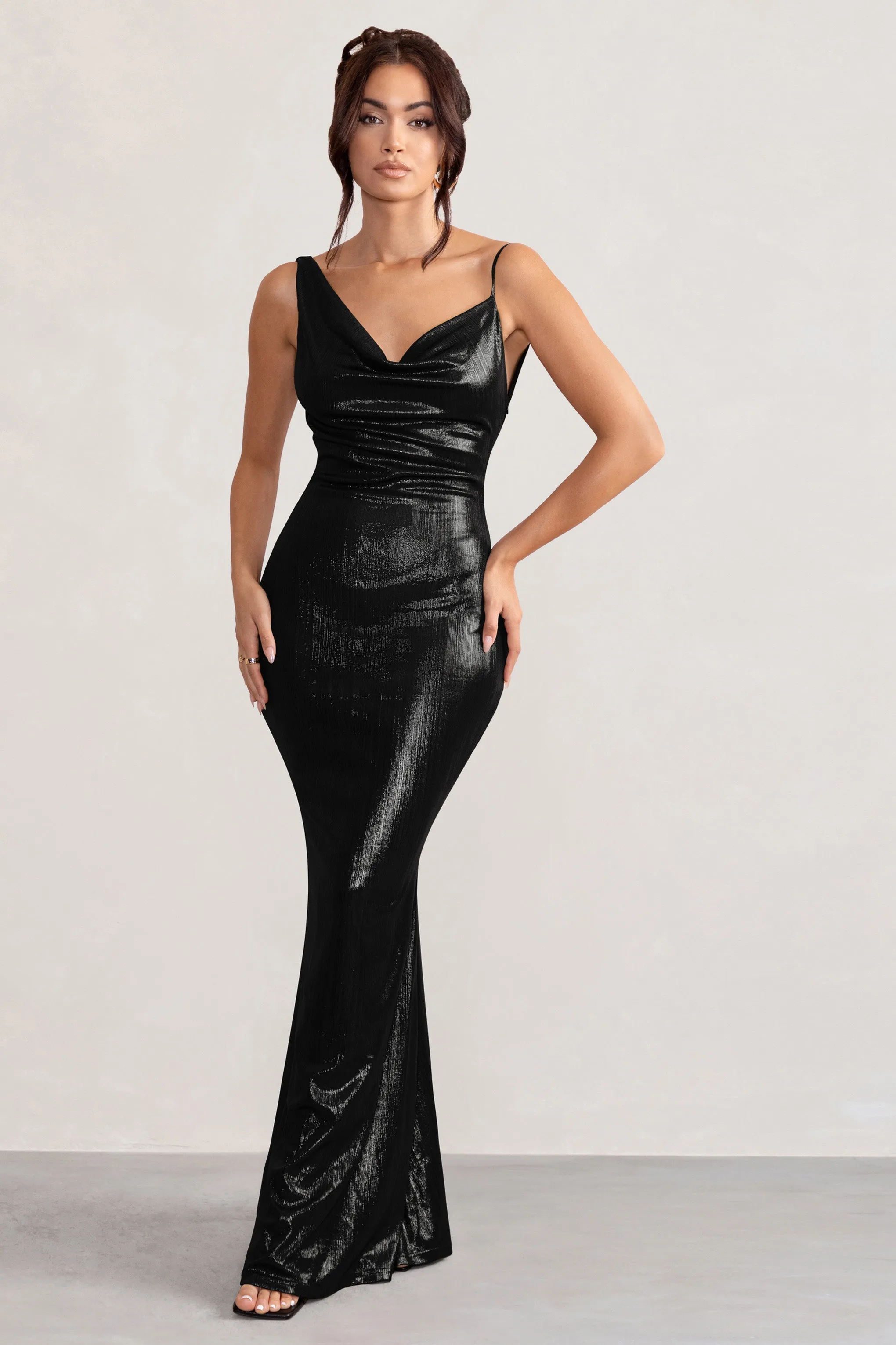 Galaxy Shimmer | Black Bias Cut Cowl Front Maxi Dress