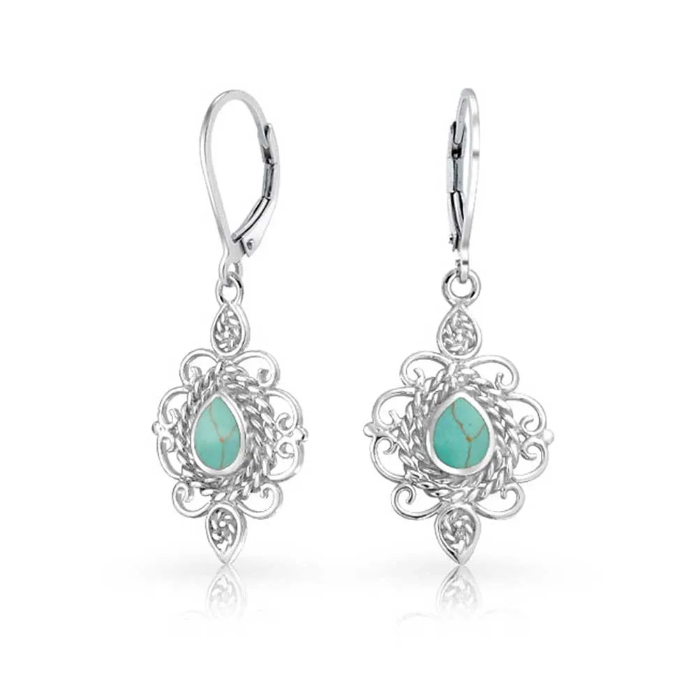 Gemstone Scroll Filigree Dangle Western Earrings .925Sterling Silver