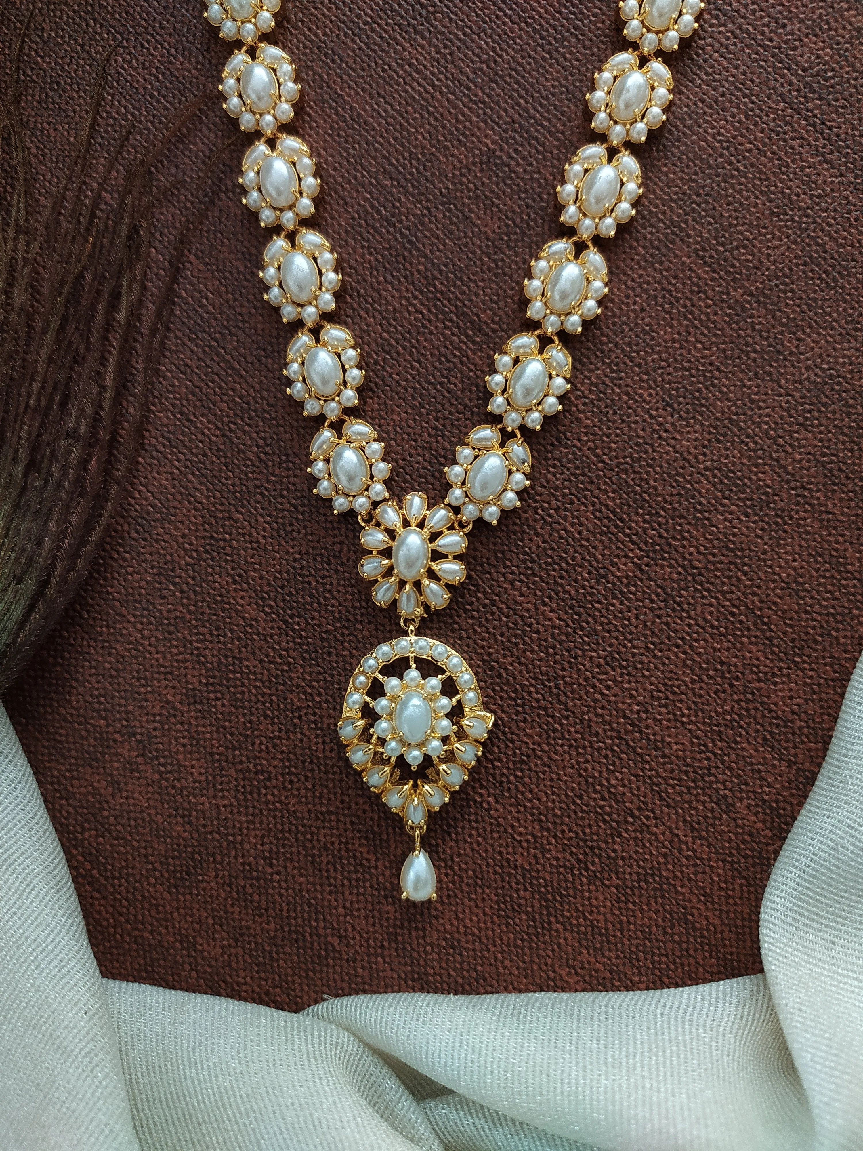 Gold-plated Floral Zircon Haram Set with Real Diamond-Look Stones in Pearls, White, Emerald, and Ruby