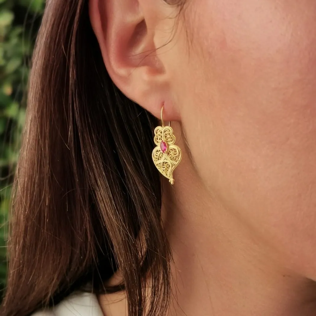 Gold Plated Heart of Viana Ruby Filigree Earrings