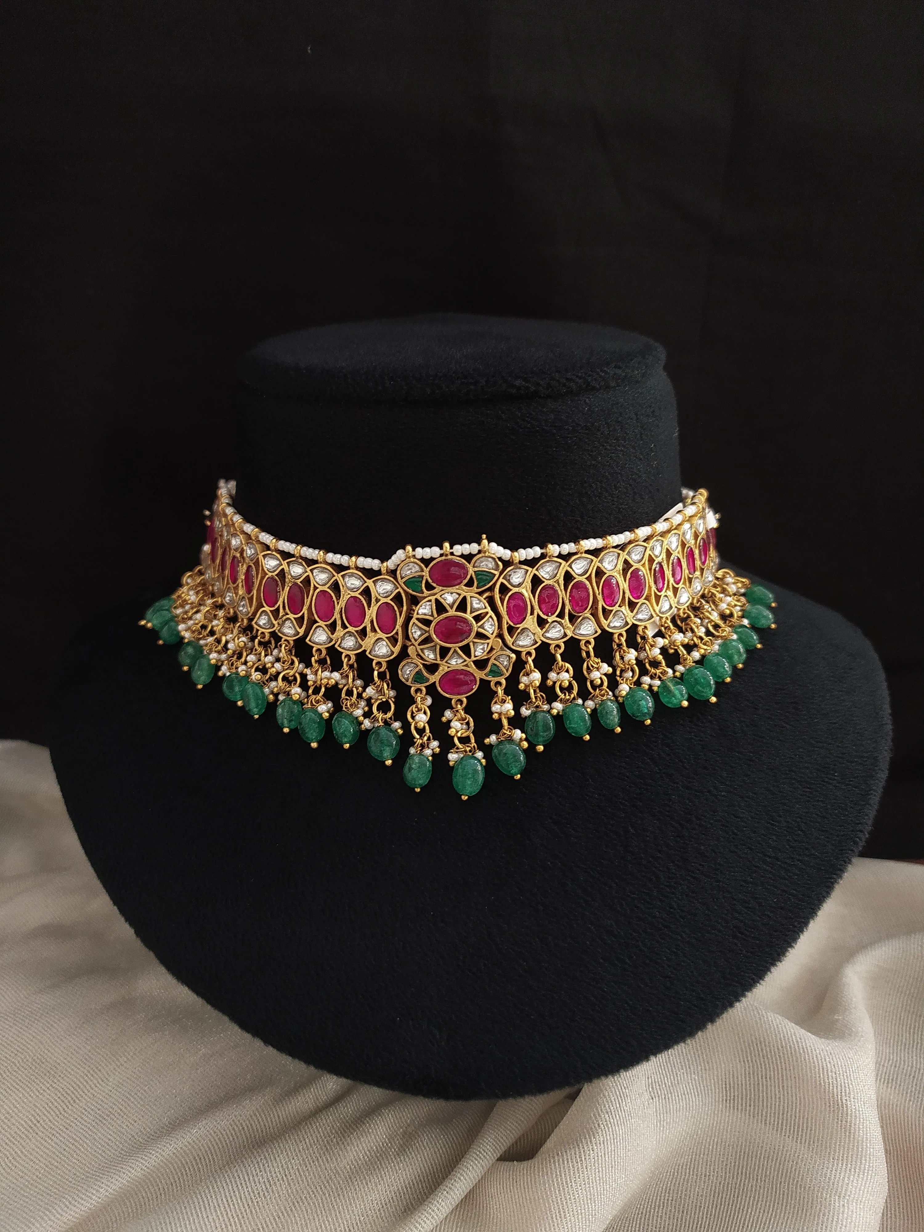 Gold Replica Jadau Kundan Choker with Bead Drops