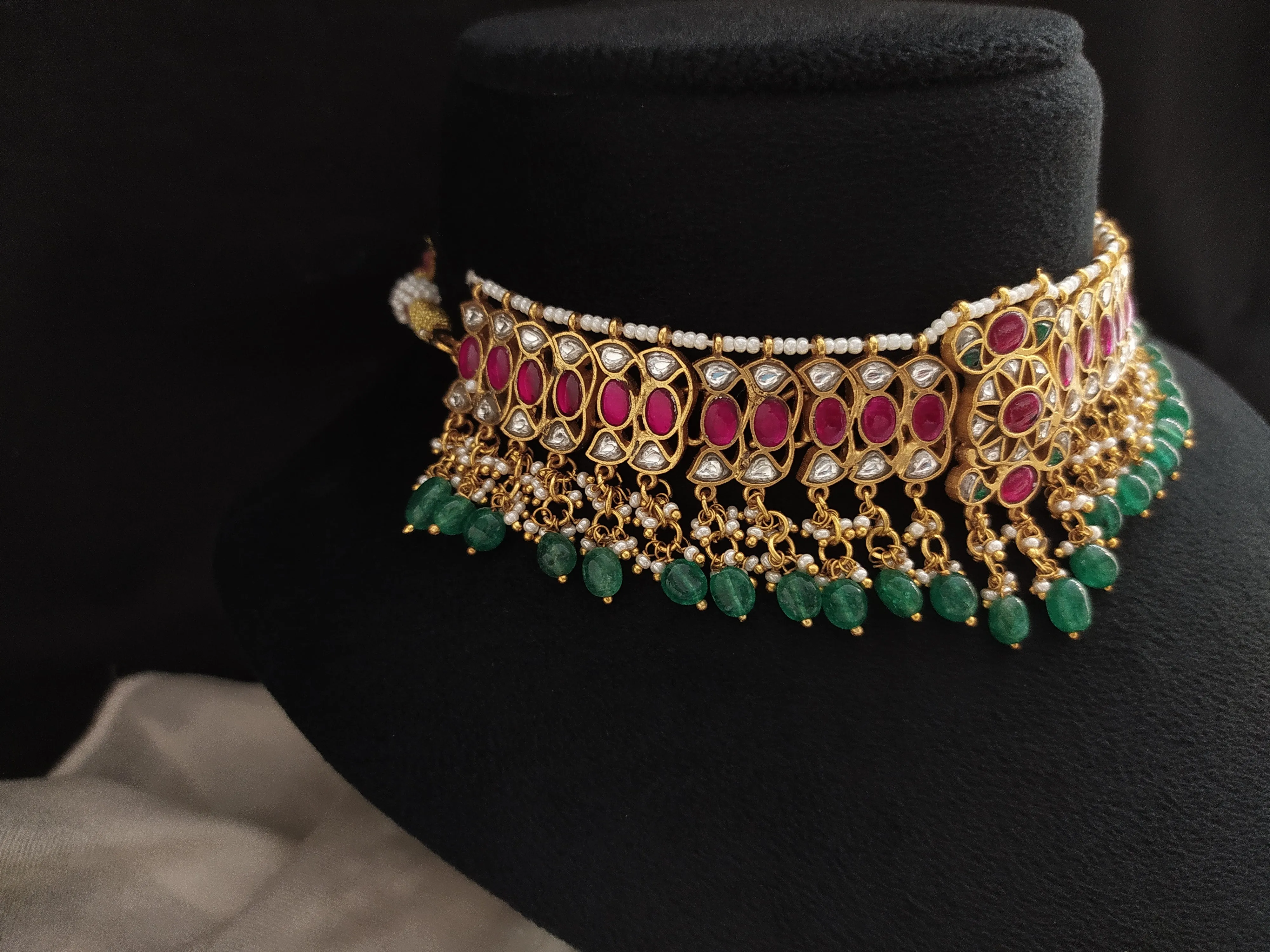 Gold Replica Jadau Kundan Choker with Bead Drops