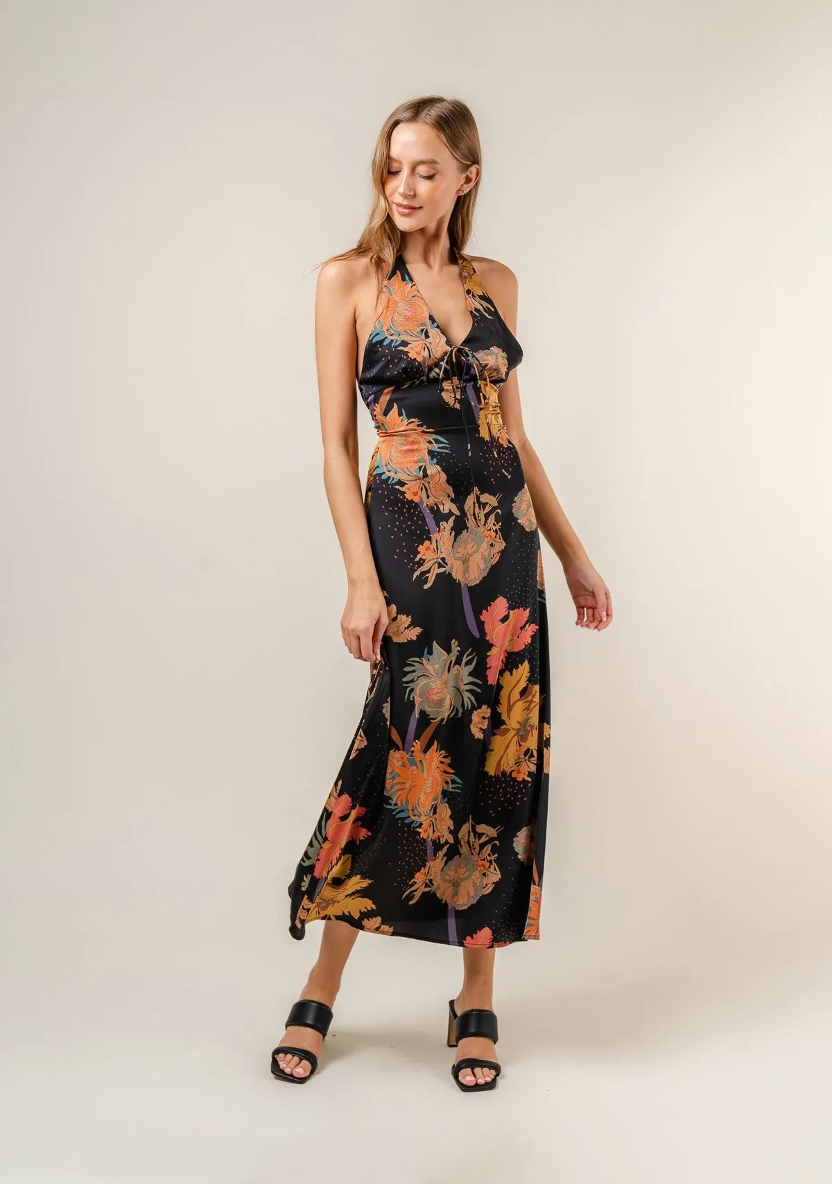 Halter Neck Maxi Dress Black Multi