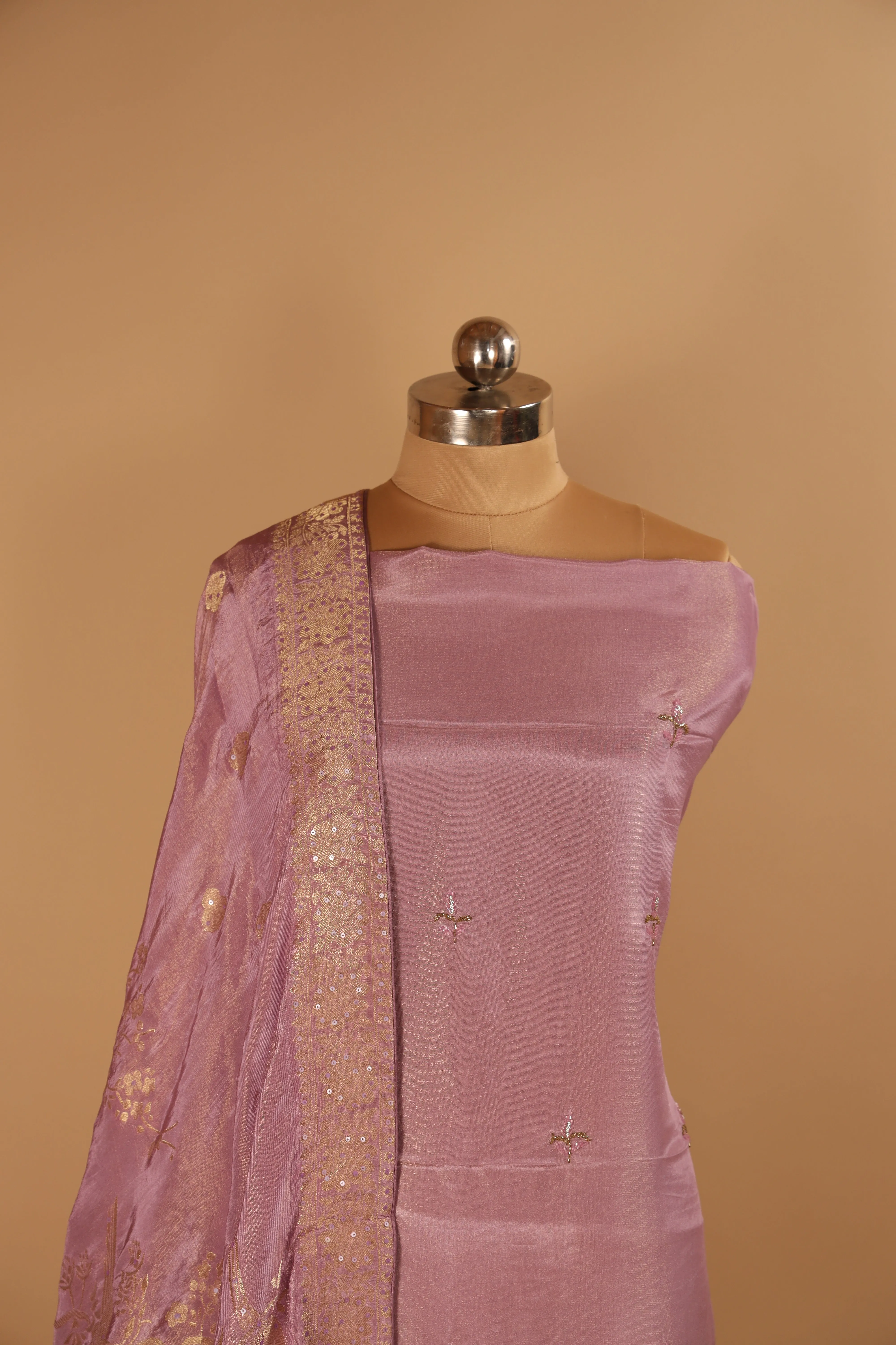 Hand embroidered Lilac tissue georgette suit with banarasi dupatta