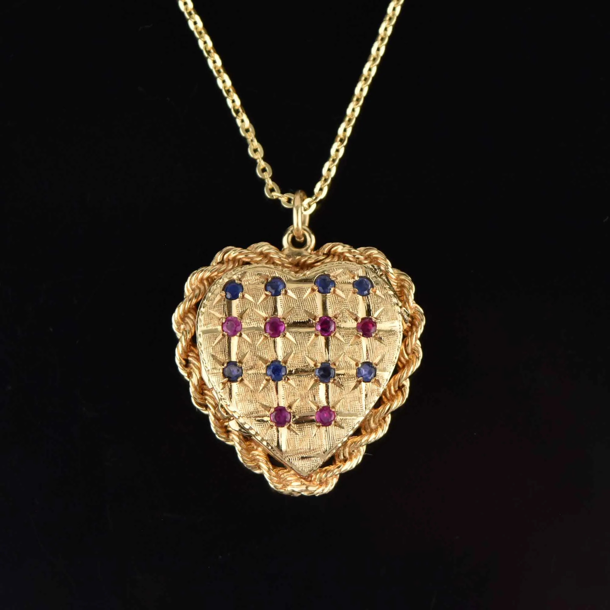 Heavy 14K Gold Sapphire Ruby Heart Locket, Fold Out