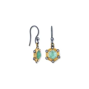 Hexagonal Emerald Sun Earrings - 24K Gold & Oxidized Silver