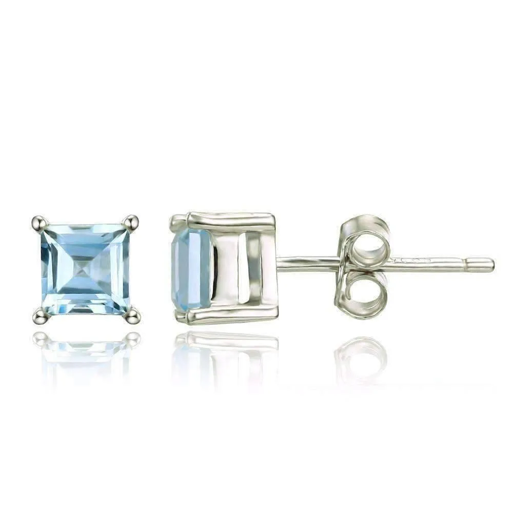 Ice Blue Genuine Topaz Princess Cut 0.7 CT IOBI Precious Gems Stud Earrings