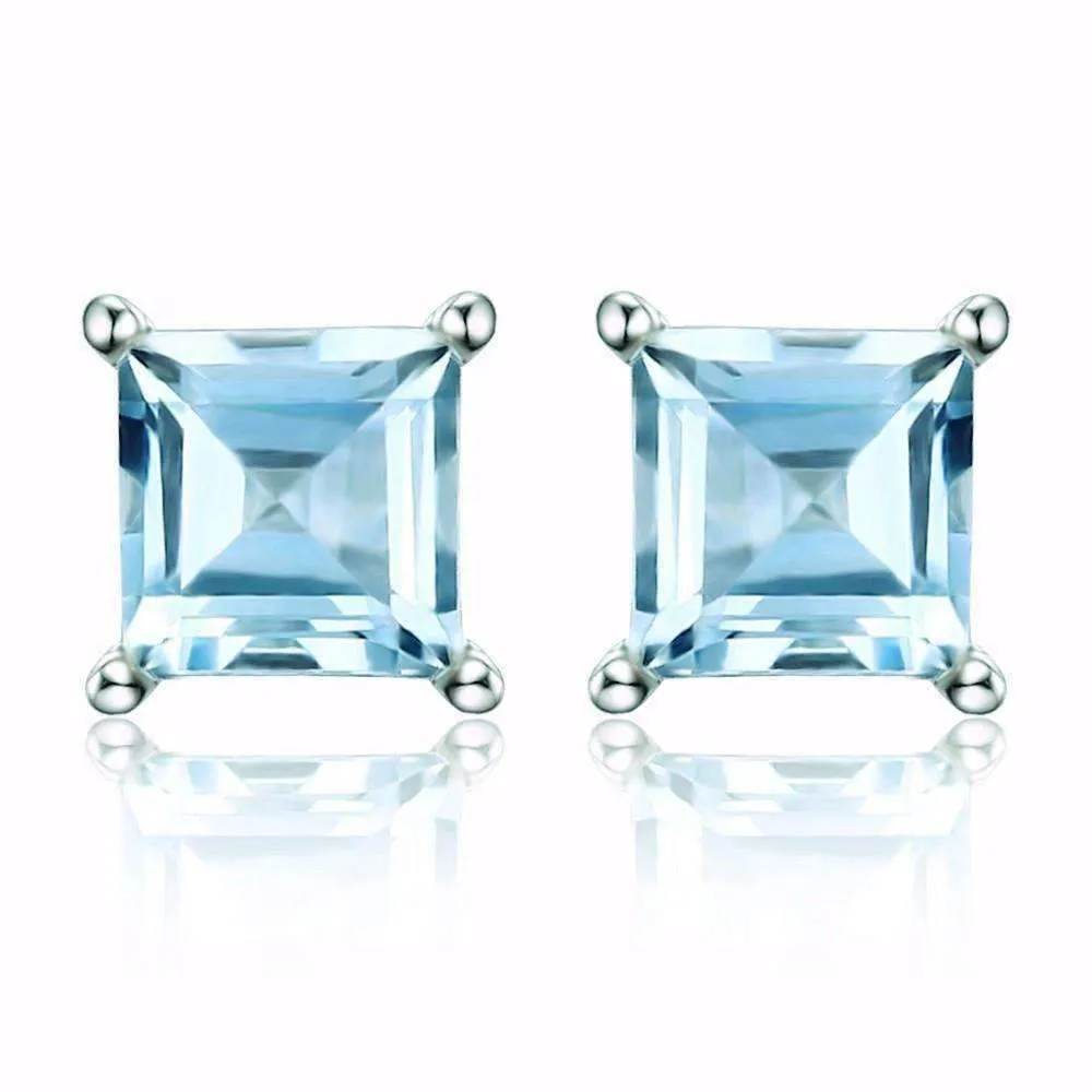 Ice Blue Genuine Topaz Princess Cut 0.7 CT IOBI Precious Gems Stud Earrings