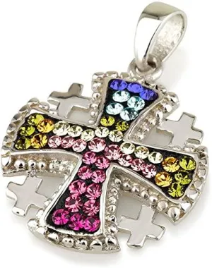 Jerusalem Cross Pendant With Colors Gemstone with sterling Silver 925 chain