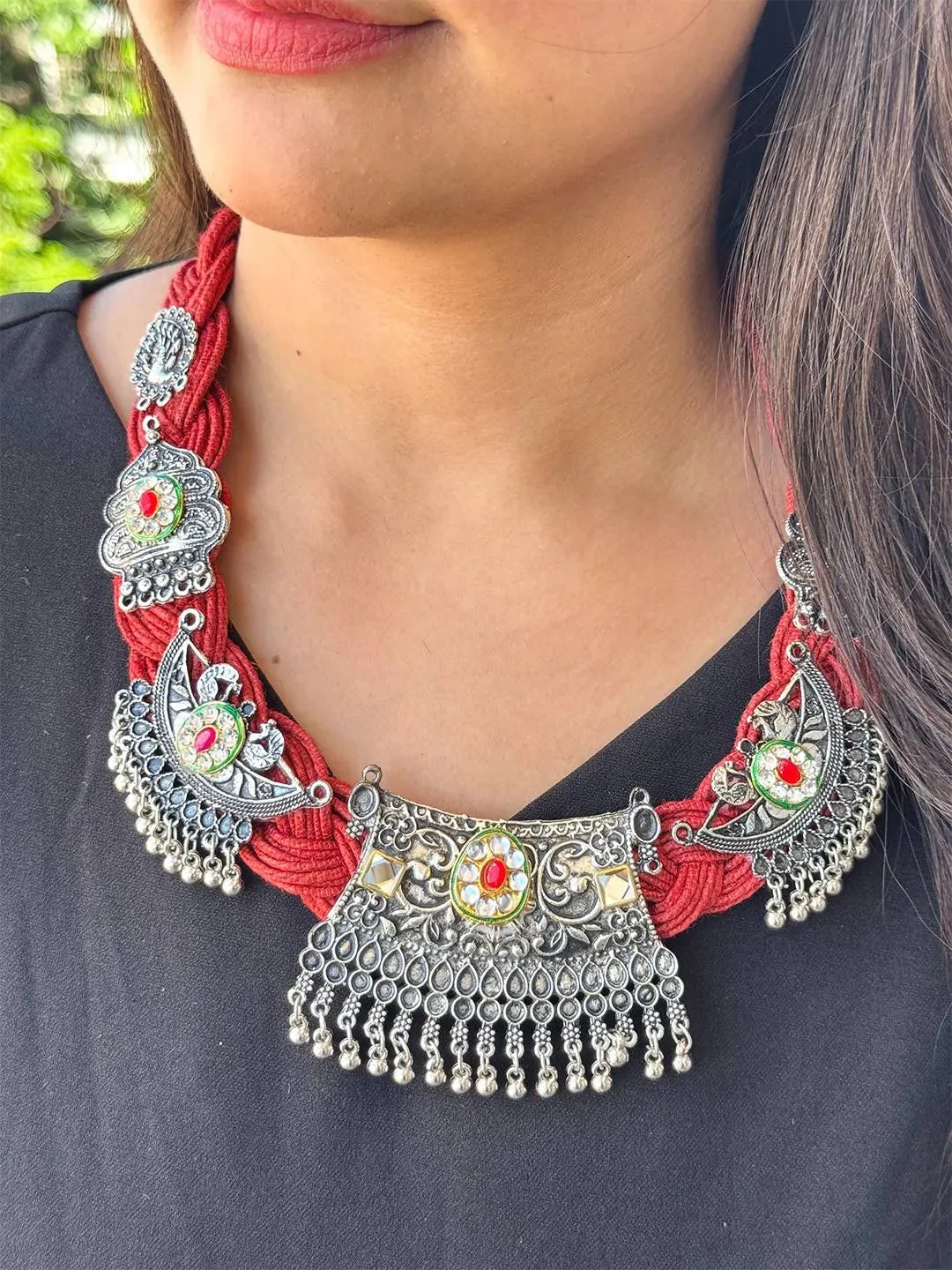 Jute Oxidised Kundan Stone Embellished Necklace