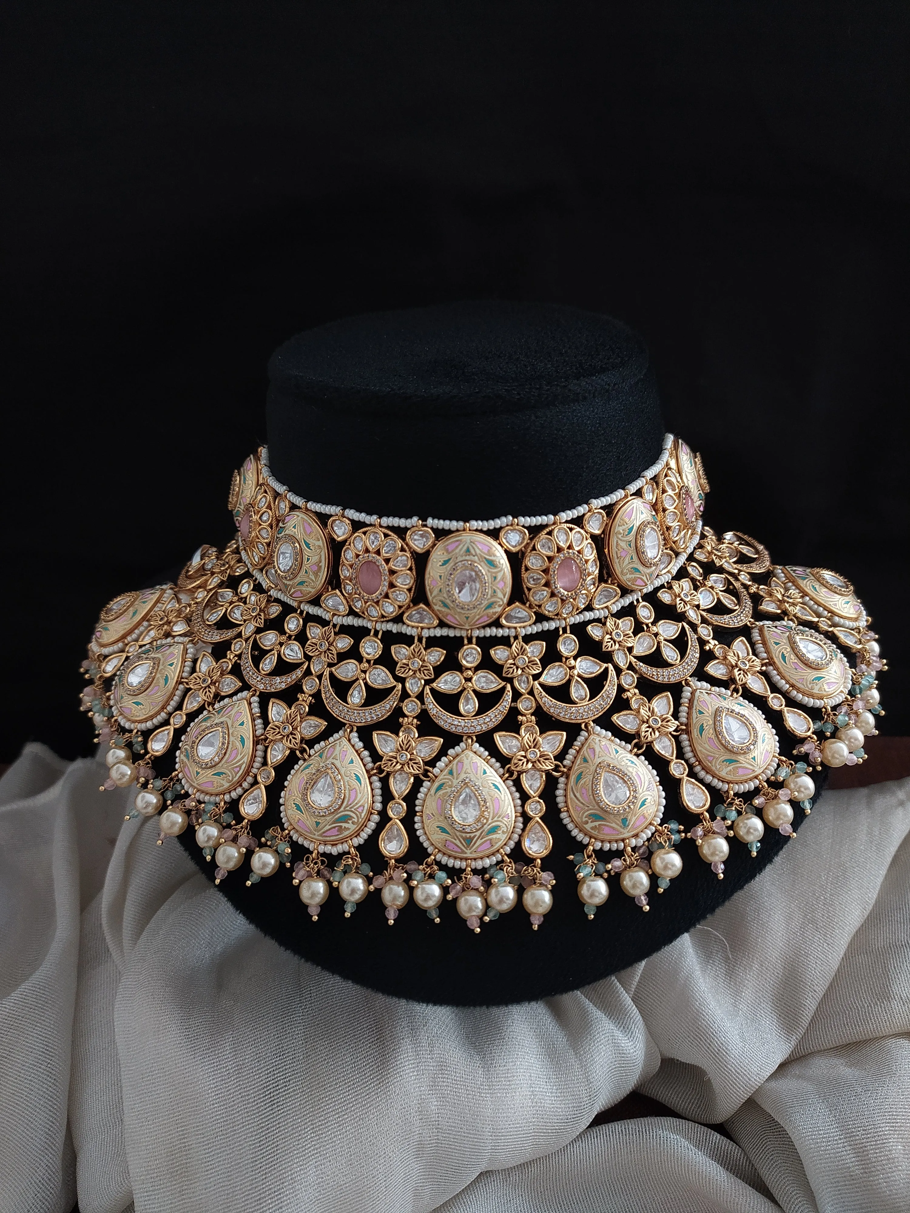 Kundan Pastel Bridal Choker Set with Meenakari work ~ Mint, Baby Pink, and Ivory