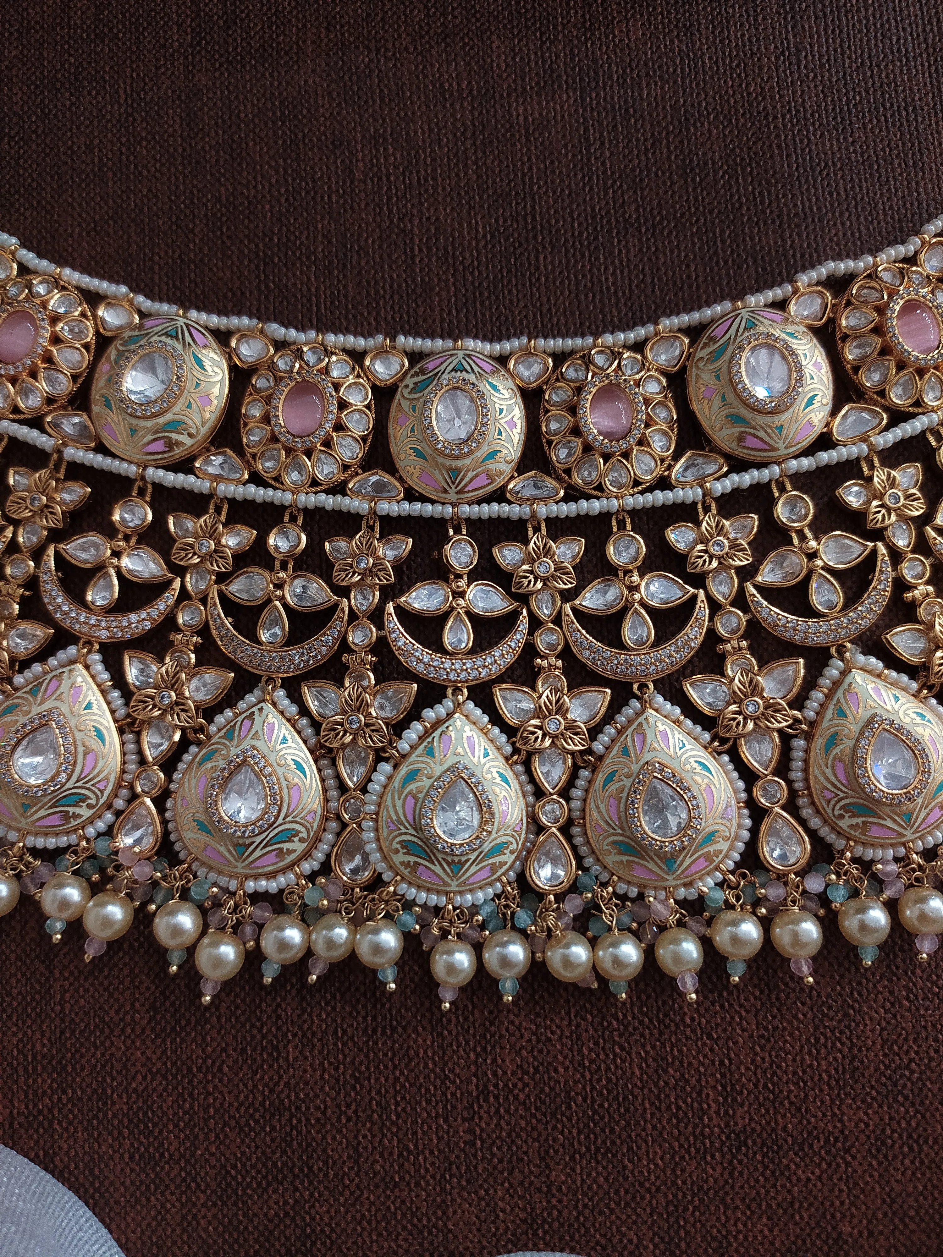 Kundan Pastel Bridal Choker Set with Meenakari work ~ Mint, Baby Pink, and Ivory