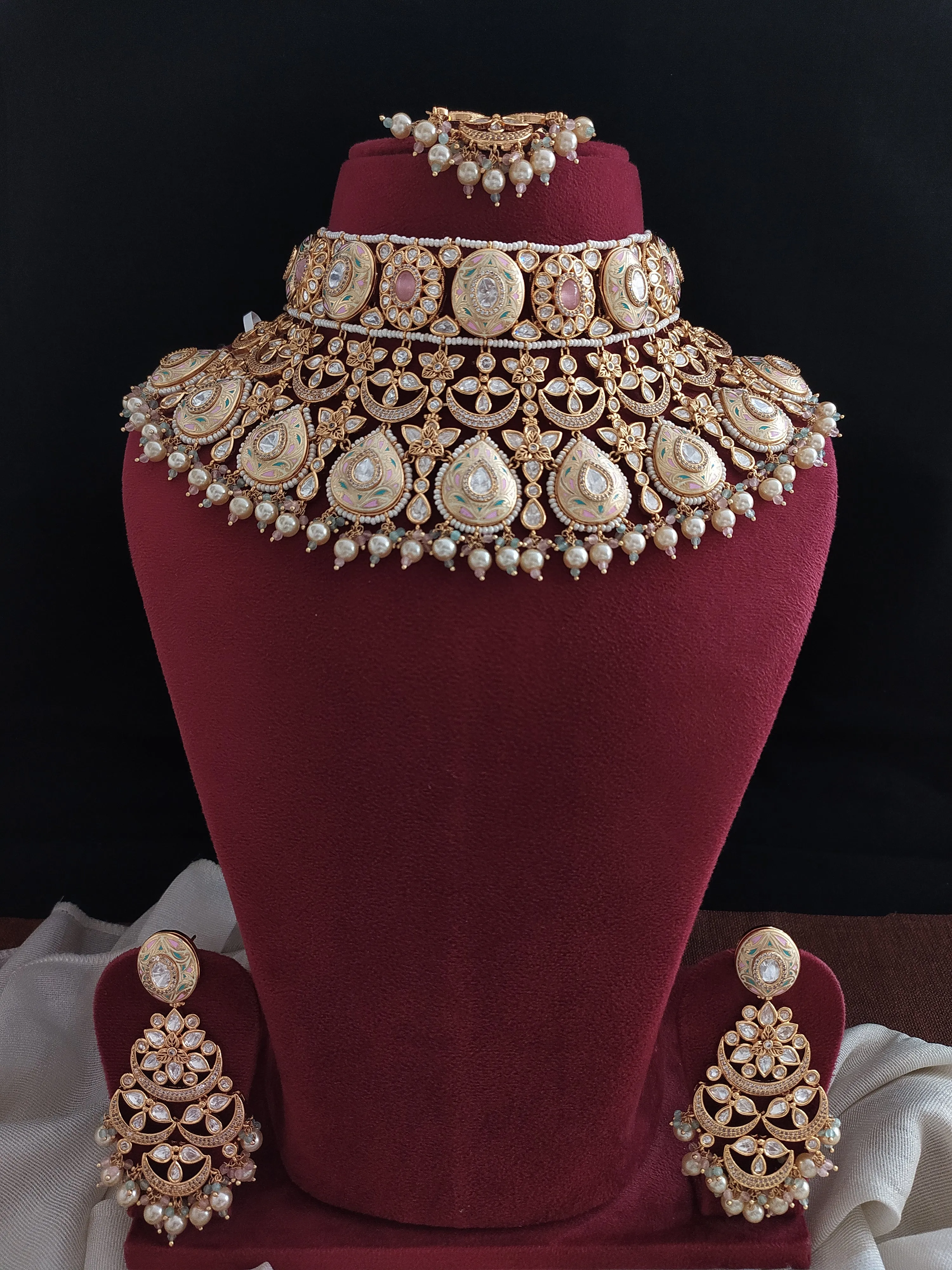 Kundan Pastel Bridal Choker Set with Meenakari work ~ Mint, Baby Pink, and Ivory