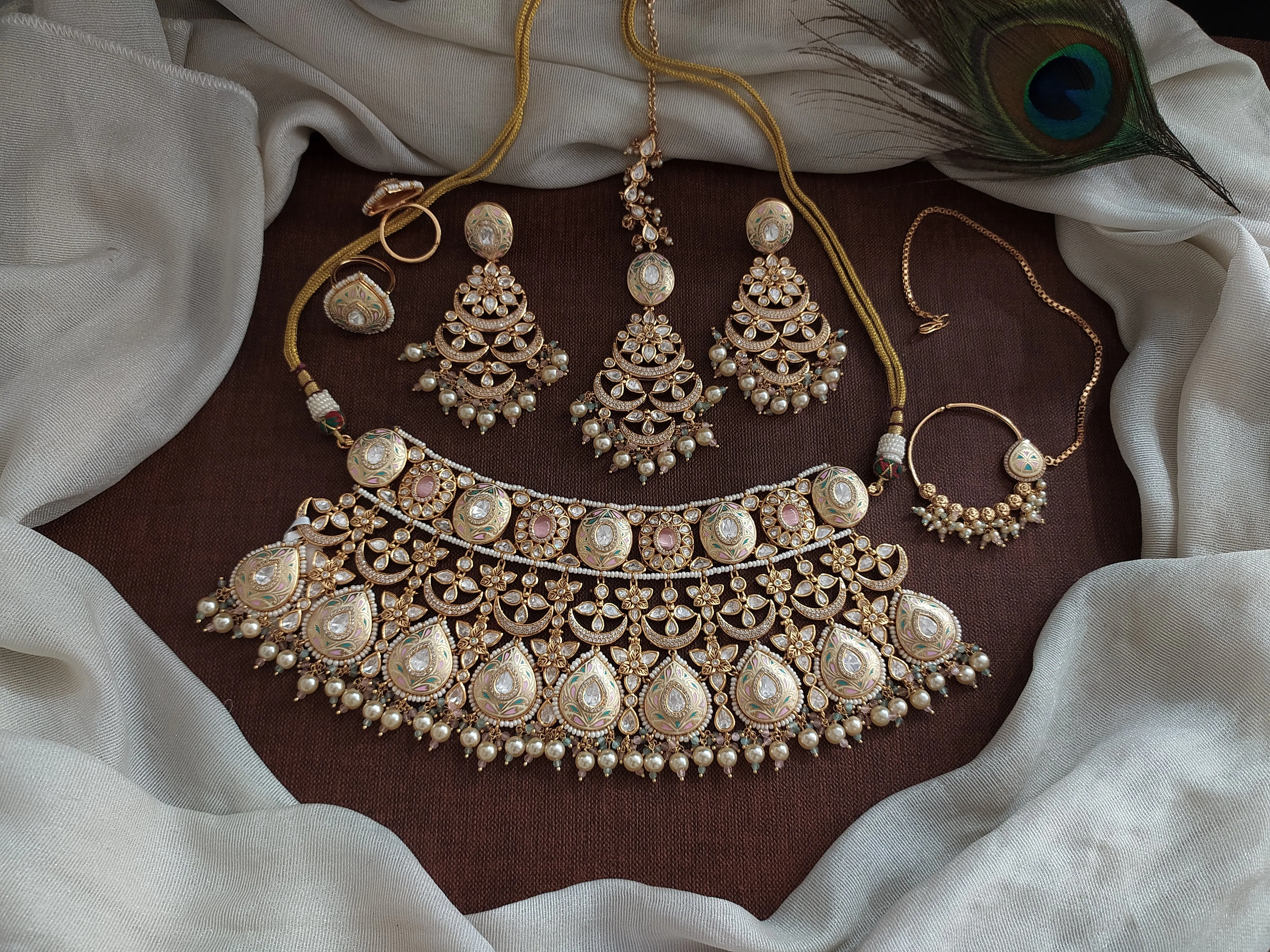 Kundan Pastel Bridal Choker Set with Meenakari work ~ Mint, Baby Pink, and Ivory