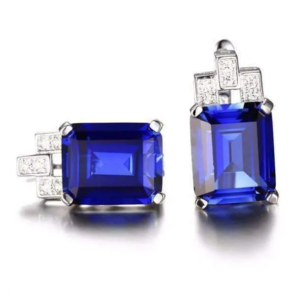 Legacy 8CT Emerald Cut Simulated Russian Sapphire IOBI Precious Gems Earrings