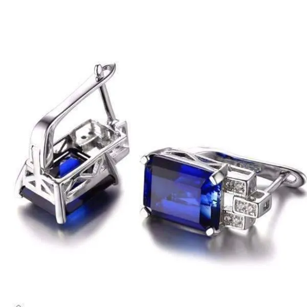 Legacy 8CT Emerald Cut Simulated Russian Sapphire IOBI Precious Gems Earrings