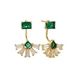 Lola Deco Fan Jacket Earrings Emerald CZ and Gold