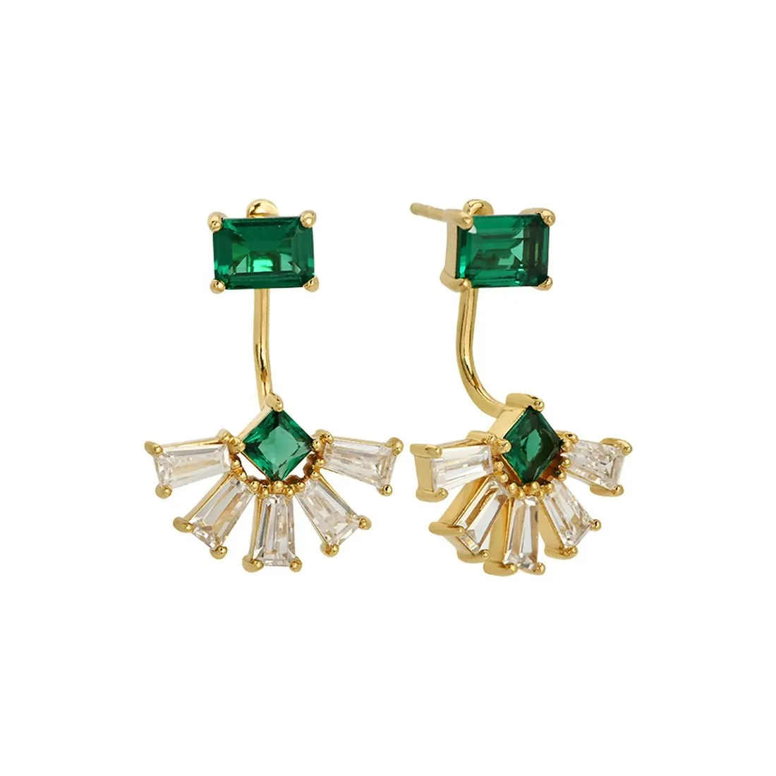 Lola Deco Fan Jacket Earrings Emerald CZ and Gold