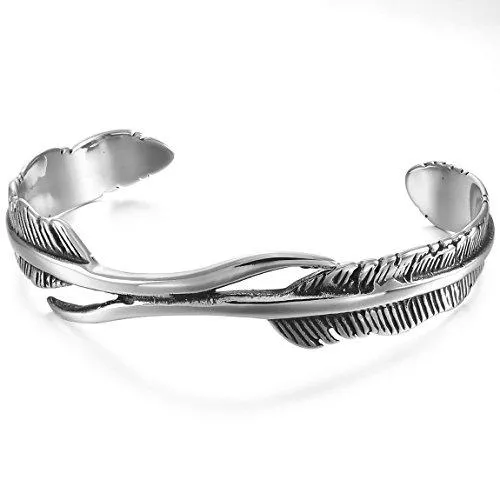 Men Women's Stainless Steel Bracelet Bangle Cuff Silver Tone Angel Wing Feather