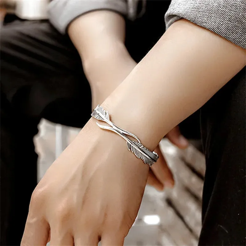 Men Women's Stainless Steel Bracelet Bangle Cuff Silver Tone Angel Wing Feather