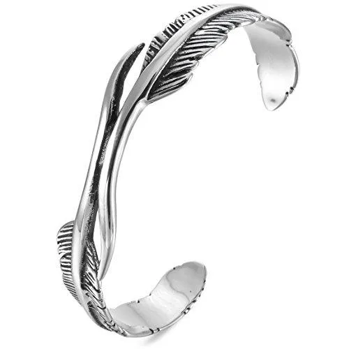 Men Women's Stainless Steel Bracelet Bangle Cuff Silver Tone Angel Wing Feather