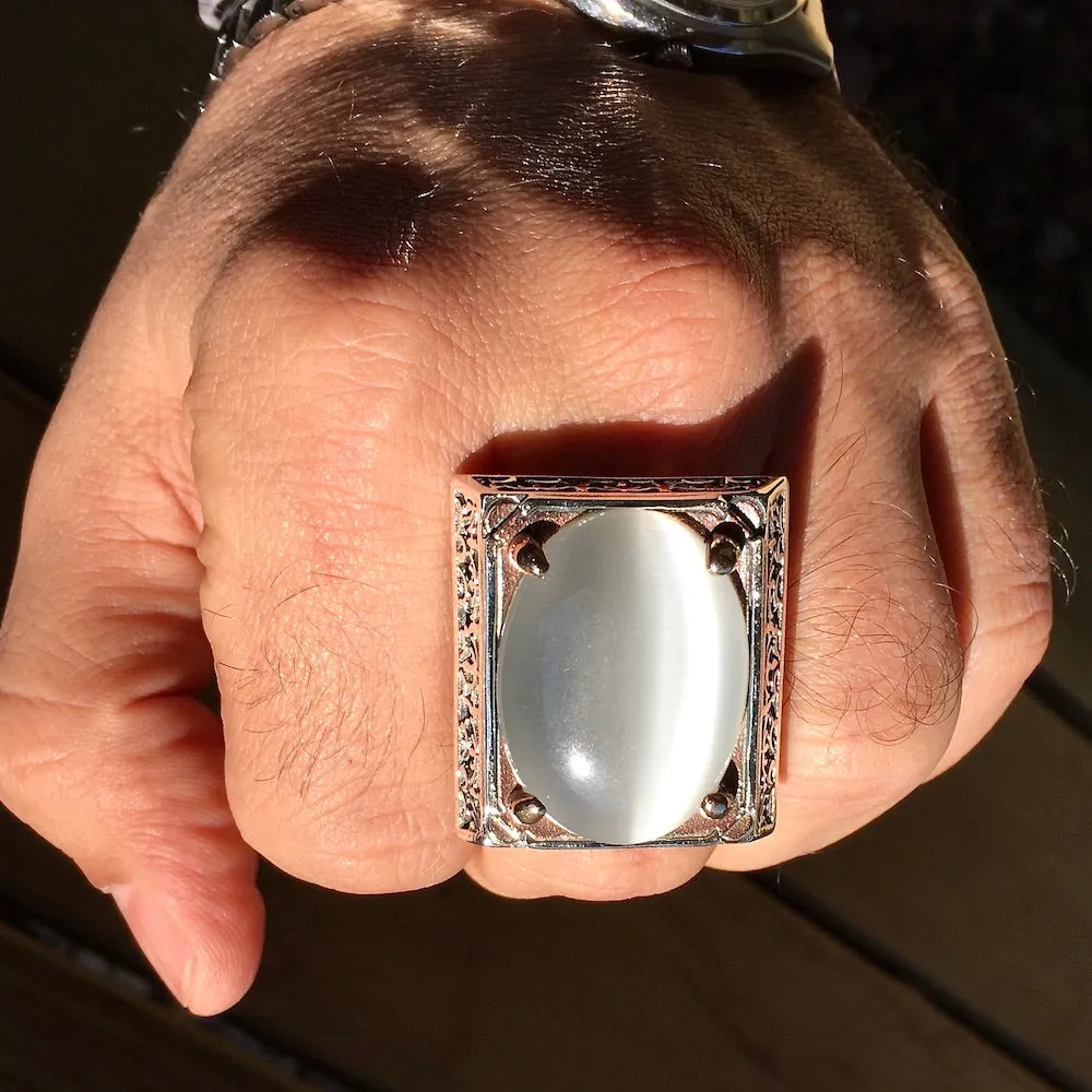 Mens Ring White Moonstone Cats Eye Big Heavy Sterling Silver Turkish Designer Handmade