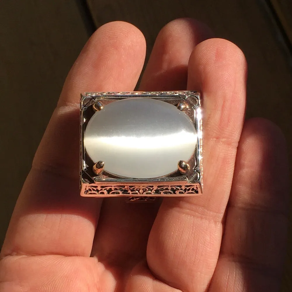 Mens Ring White Moonstone Cats Eye Big Heavy Sterling Silver Turkish Designer Handmade