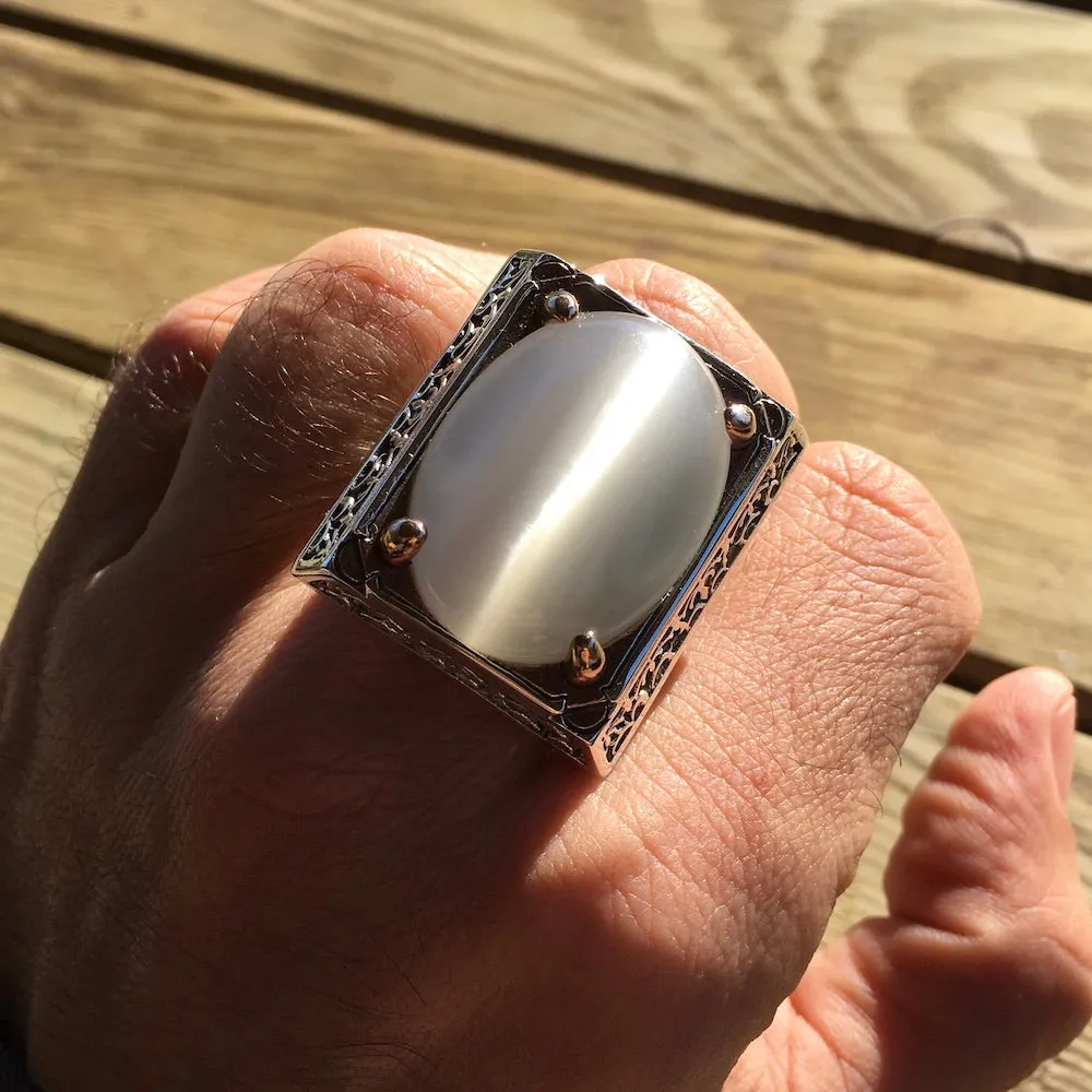 Mens Ring White Moonstone Cats Eye Big Heavy Sterling Silver Turkish Designer Handmade