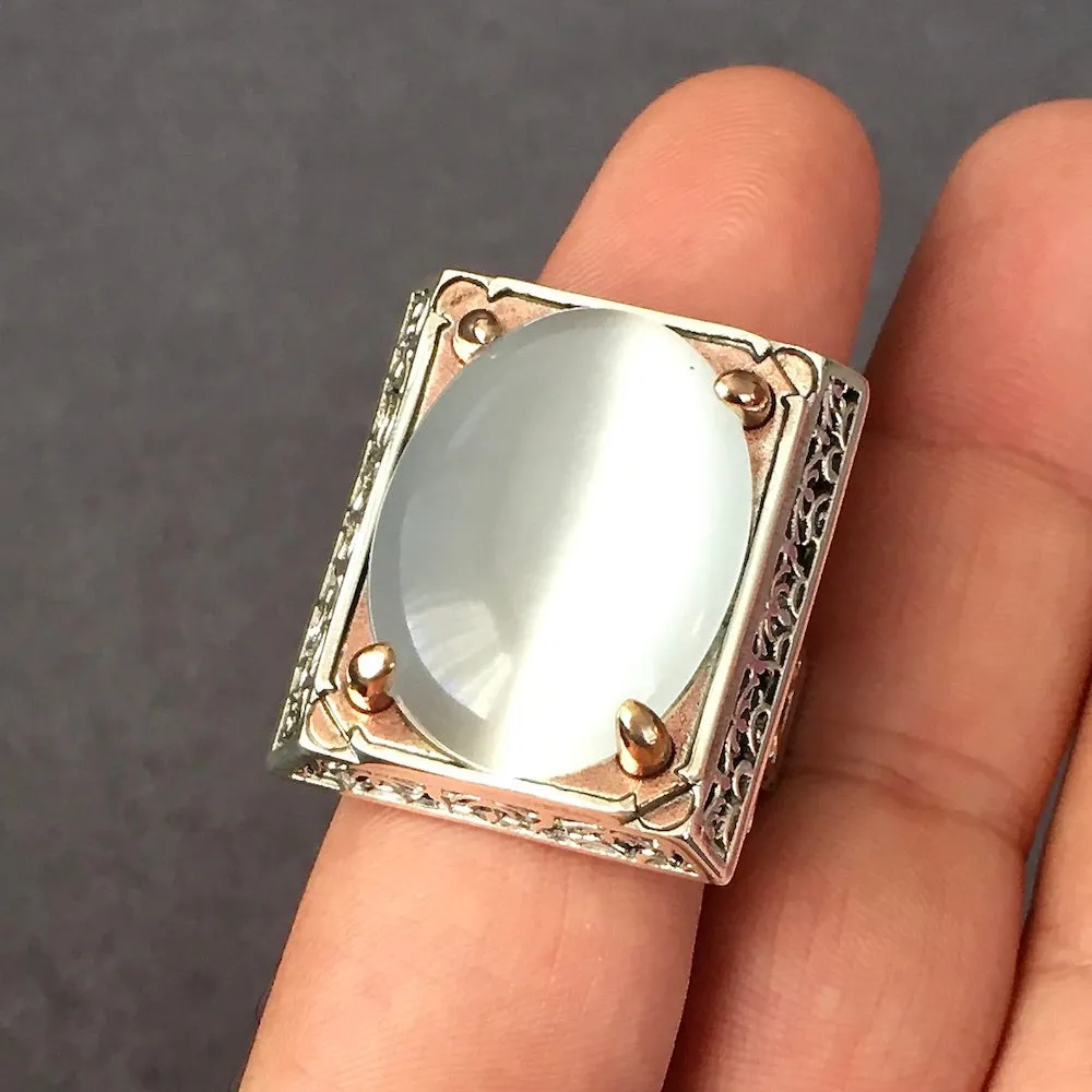 Mens Ring White Moonstone Cats Eye Big Heavy Sterling Silver Turkish Designer Handmade