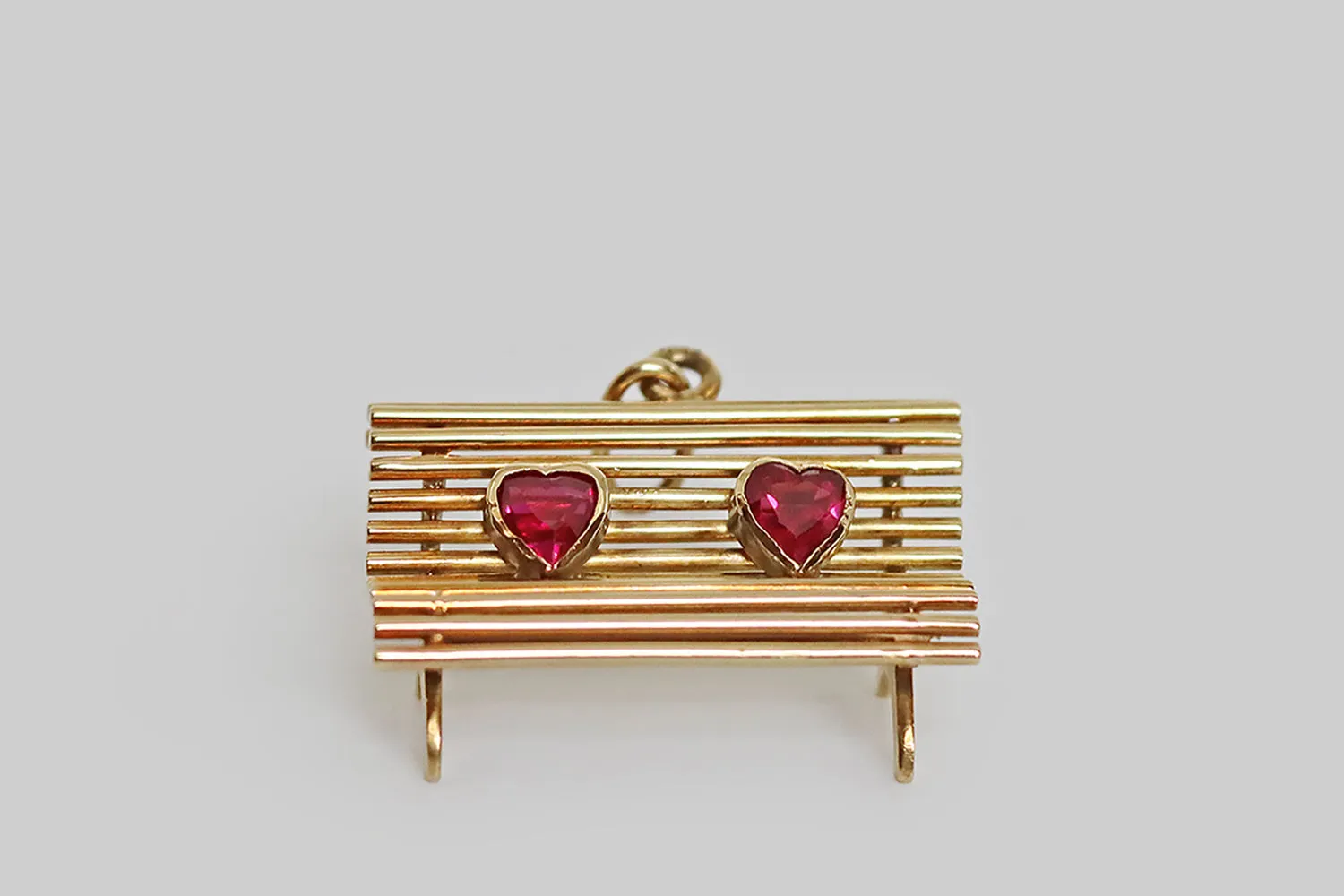 Mid 20th Century Park Bench Charm with Ruby Hearts in 14k Gold