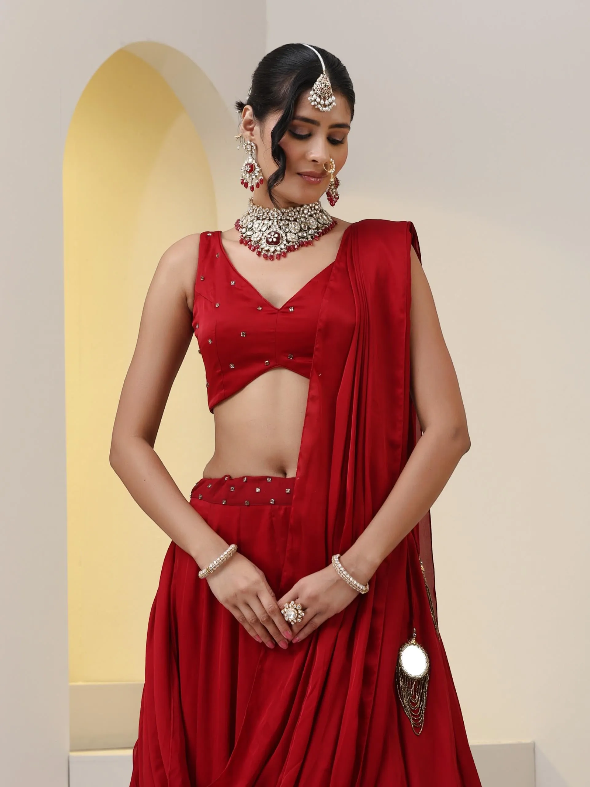 Milano Red Satin Skirt saree with Pallu with Beads on Waist-Band and Blouse Fabric