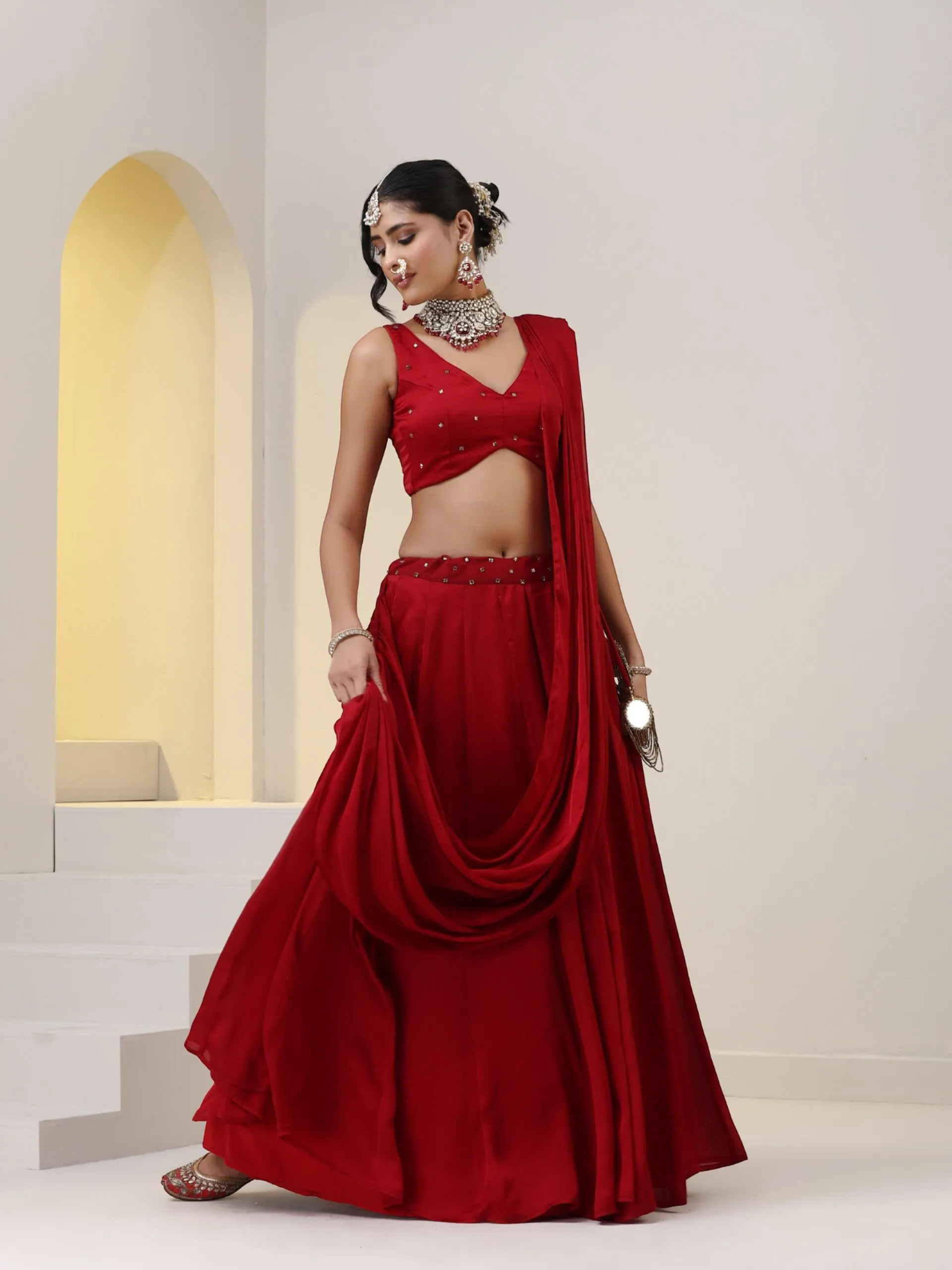 Milano Red Satin Skirt saree with Pallu with Beads on Waist-Band and Blouse Fabric