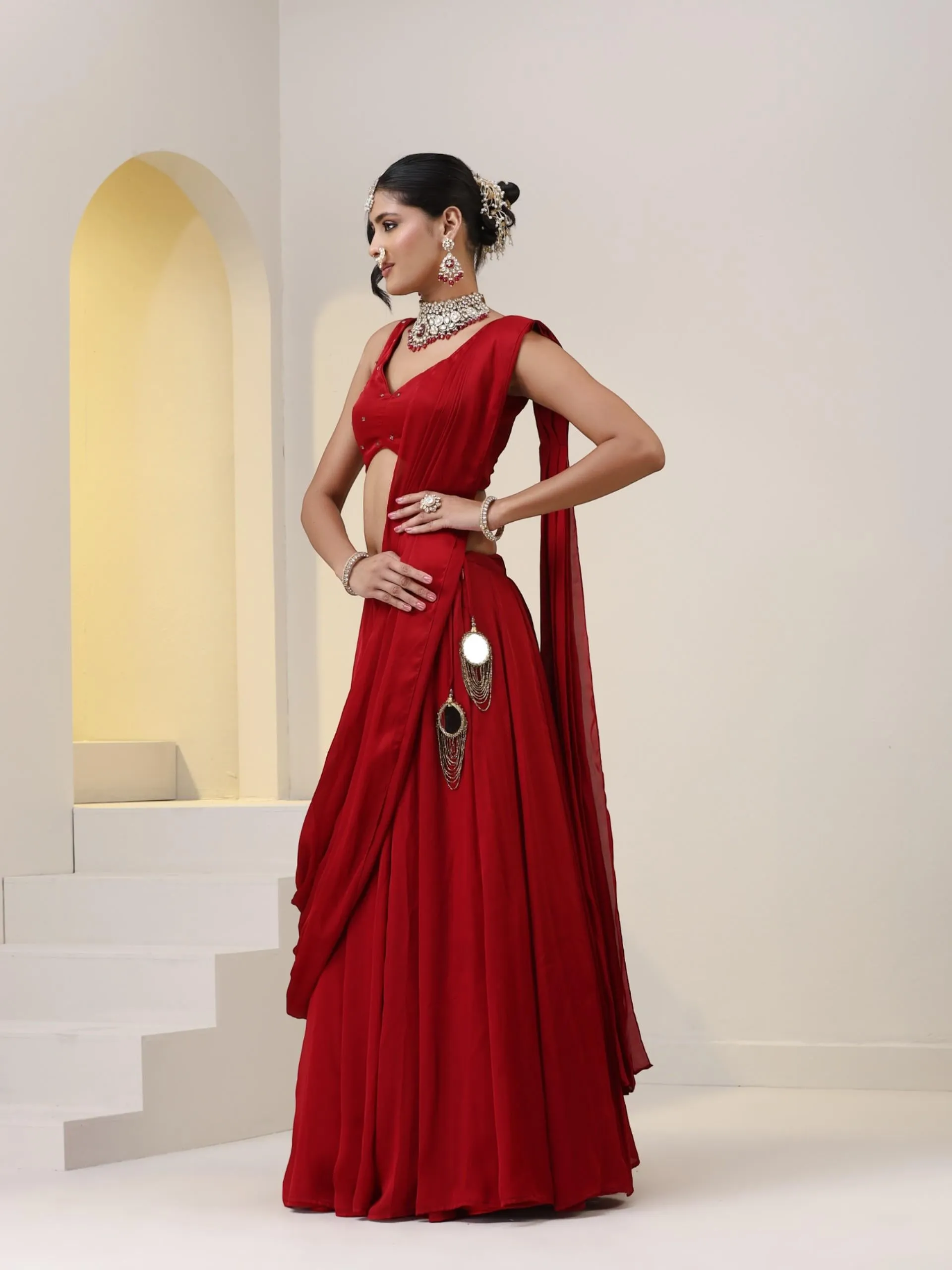 Milano Red Satin Skirt saree with Pallu with Beads on Waist-Band and Blouse Fabric