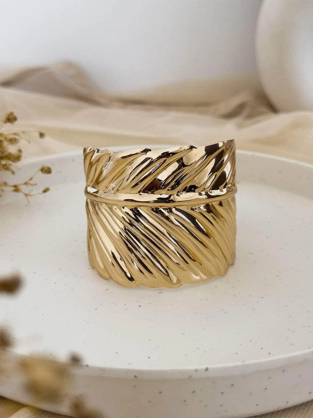 Nikita Dutta In Gold Wide Leaf Cuff Bracelet