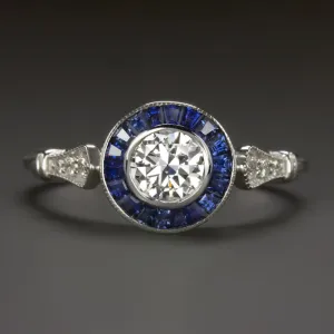 OLD CUT F VS DIAMOND SAPPHIRE ENGAGEMENT RING ART DECO VINTAGE STYLE TARGET HALO