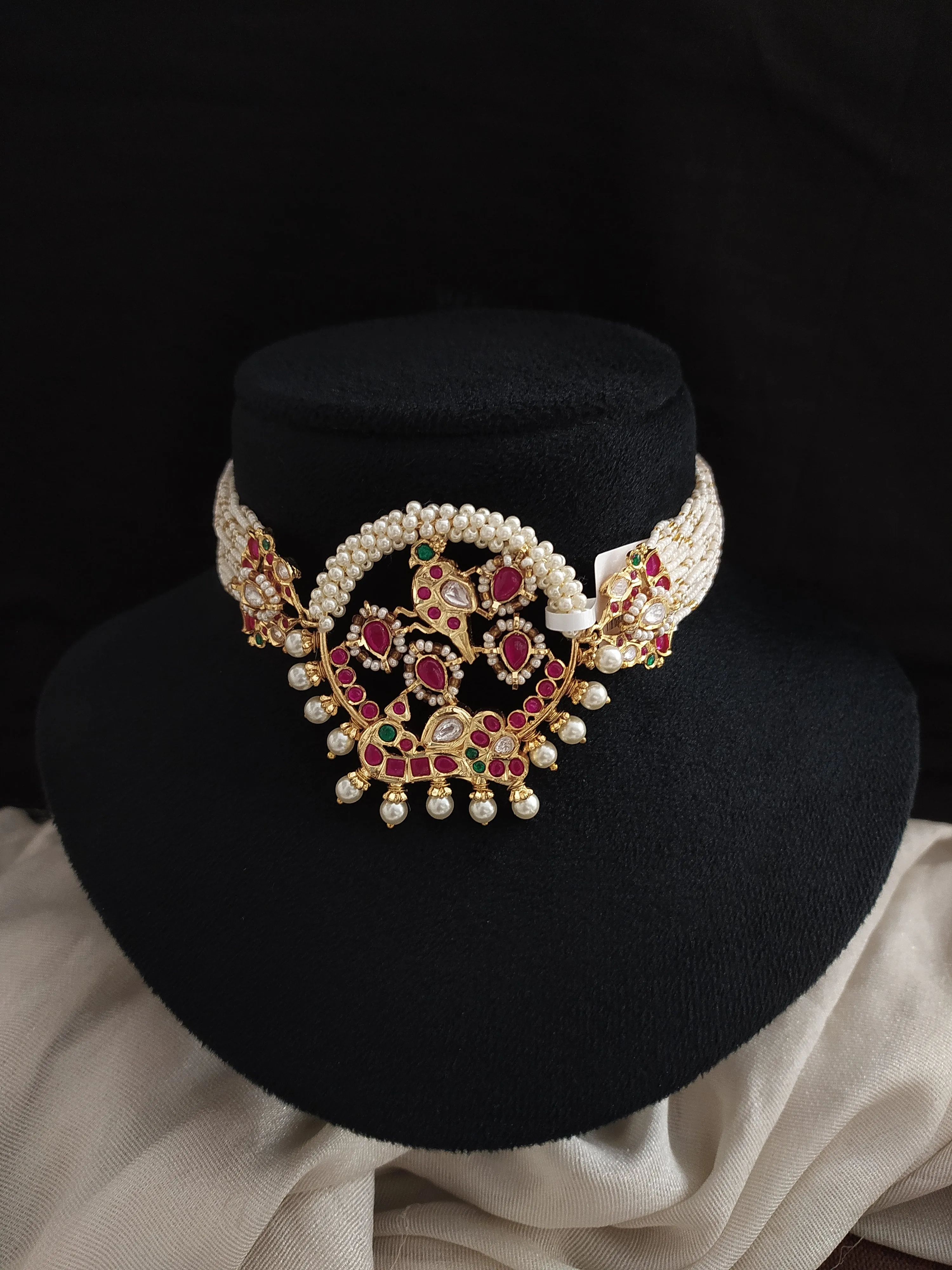 Peacock-Designed Designer Kundan Choker Set with Jadau Kundan Moissanite Stones & Matching Earrings