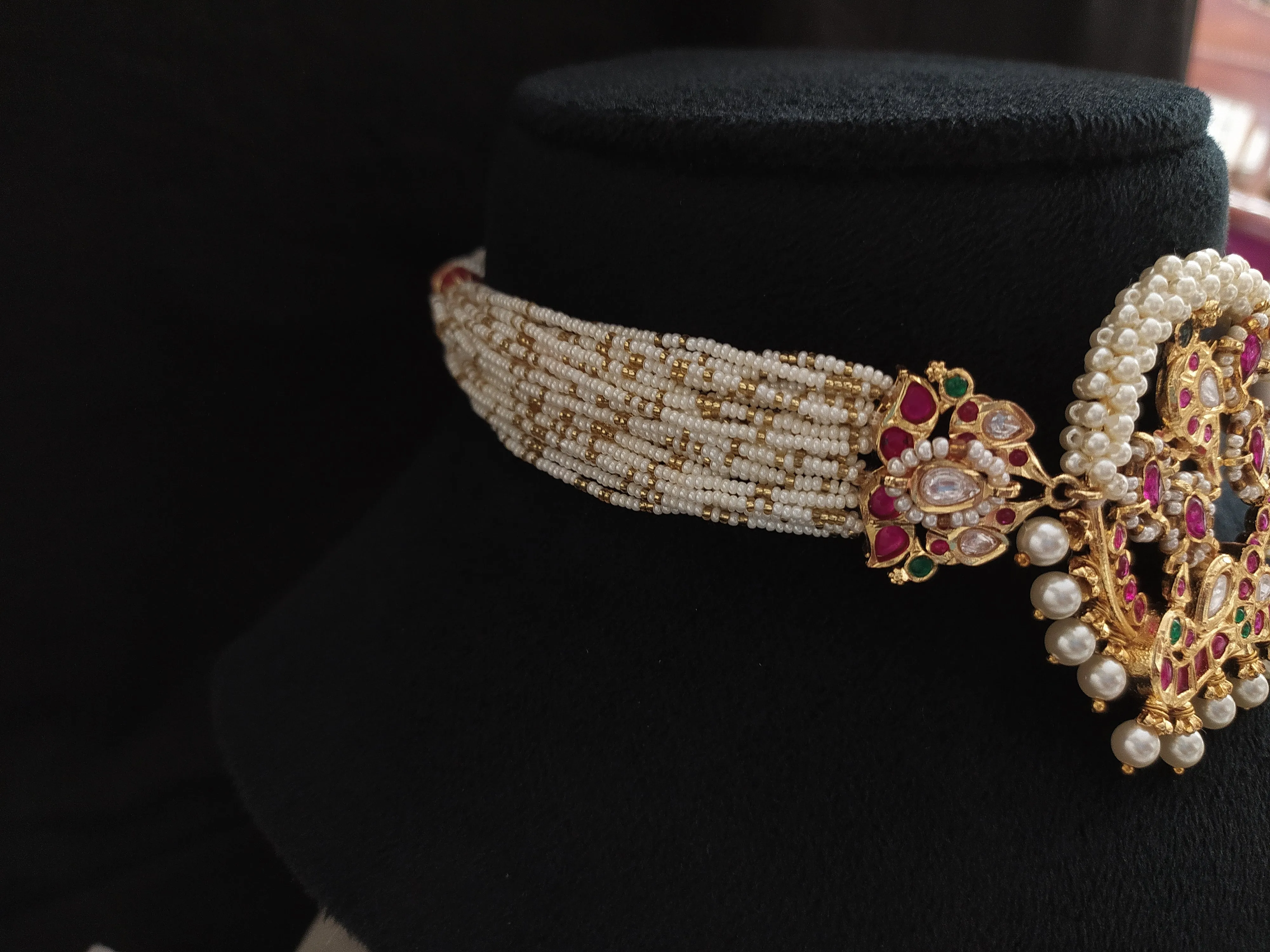 Peacock-Designed Designer Kundan Choker Set with Jadau Kundan Moissanite Stones & Matching Earrings