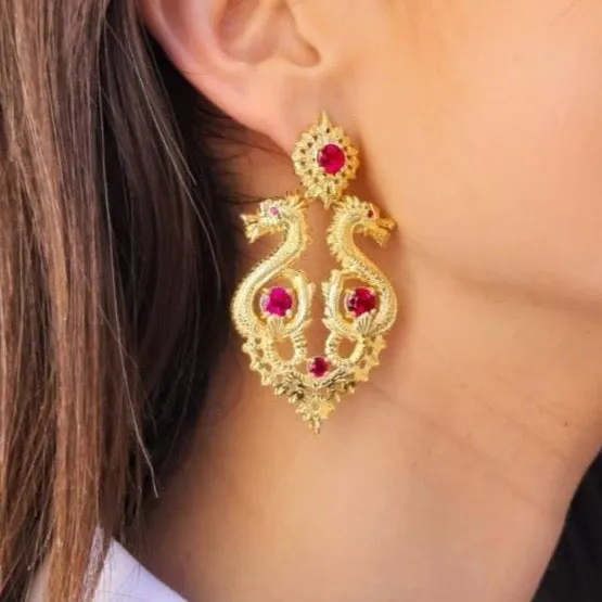 Queen Dragon Statement Earrings in Gold Plated .925 Silver   Ruby Crystal - By Ana Moura