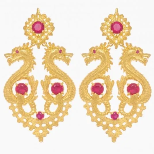 Queen Dragon Statement Earrings in Gold Plated .925 Silver   Ruby Crystal - By Ana Moura