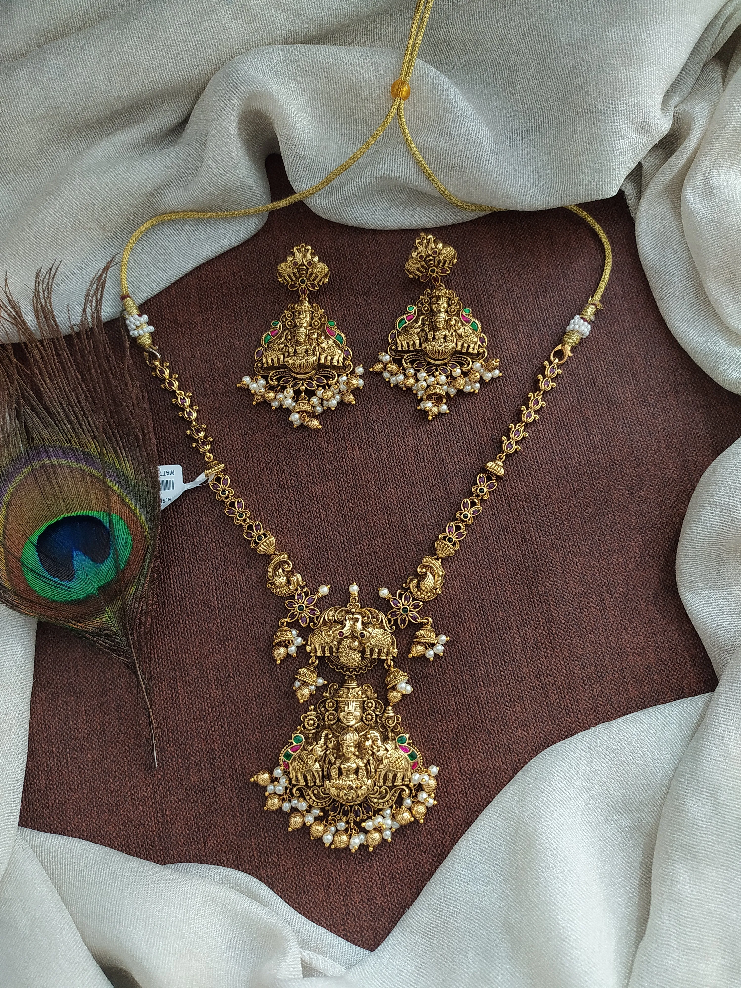 "Antique Lakshmi Necklace Set with Kundan Stones and Nagas Work"