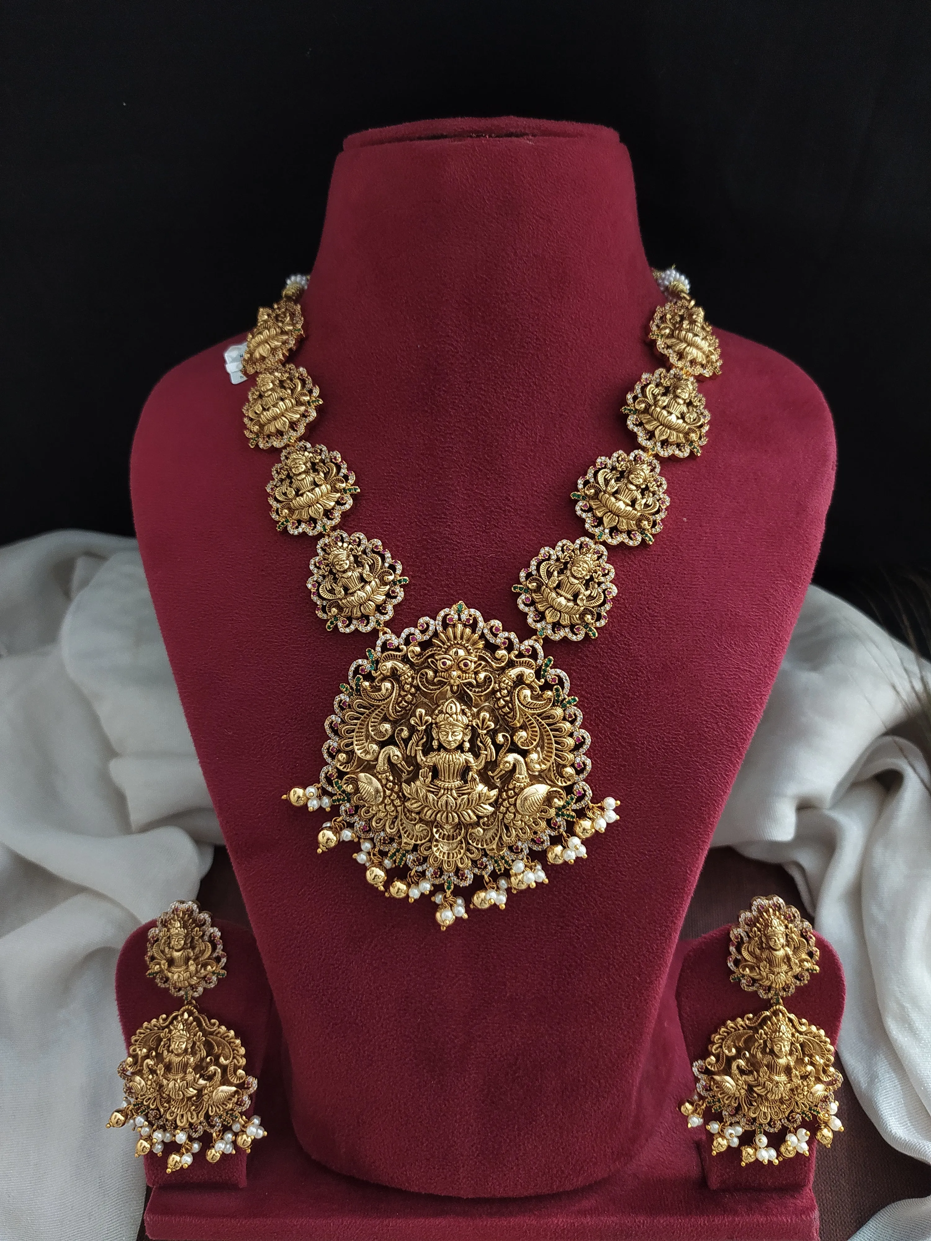 "Traditional Antique Necklace Set with Lakshmi Motifs and Nagas Work"