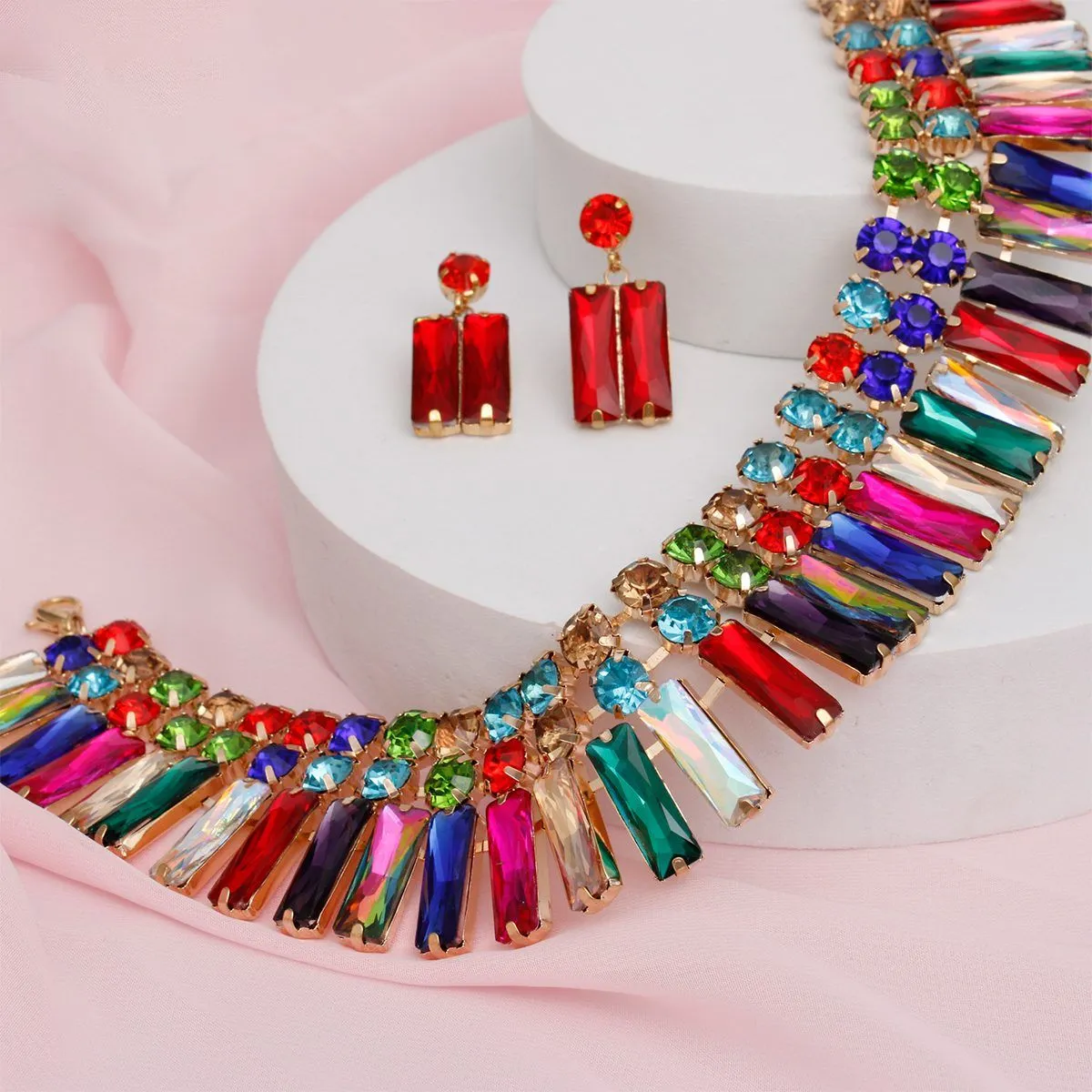 Radiant Multicolor Crystal Bib Necklace and Dangle Earring Set