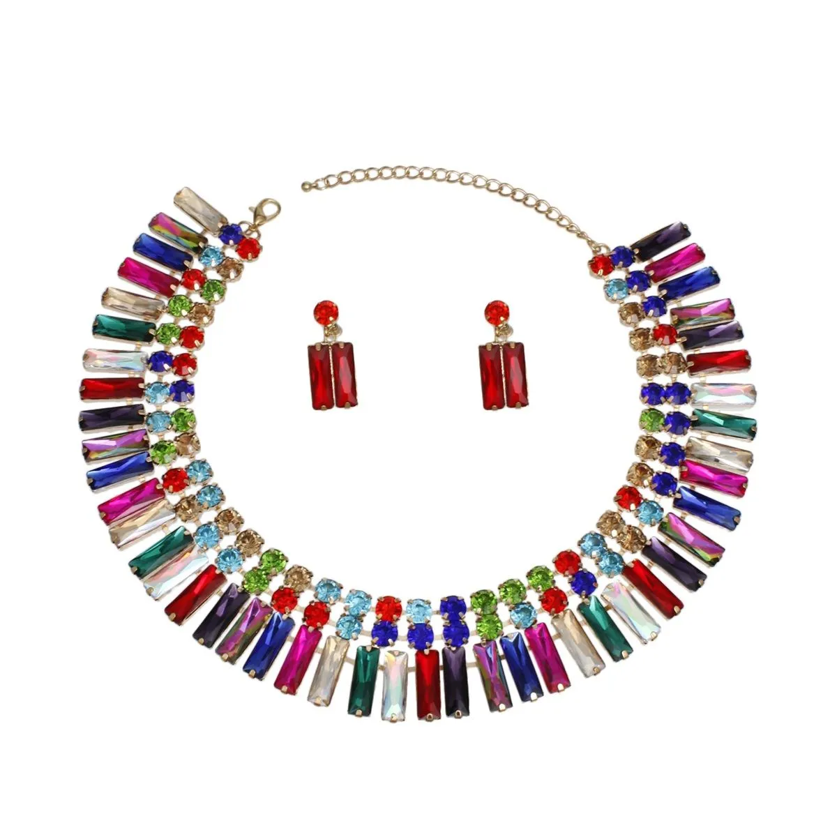 Radiant Multicolor Crystal Bib Necklace and Dangle Earring Set