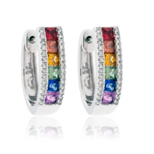 Rainbow Sapphire & Diamond Huggie Hoop Earrings