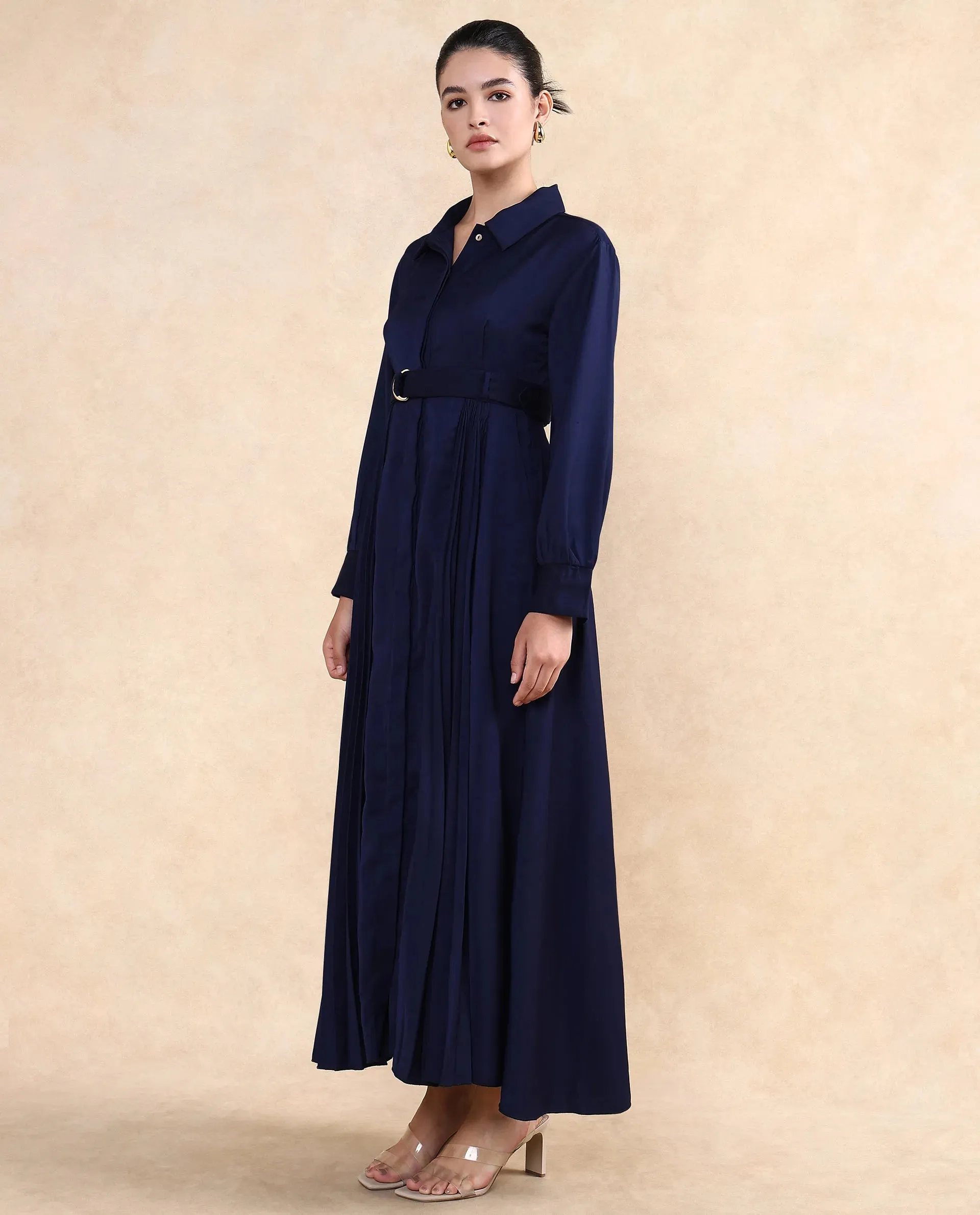 Rareism Women Vanadzor Navy Satin Bishop Sleeve Collared Neck Button Closure Flared Fit Maxi Plain Dress