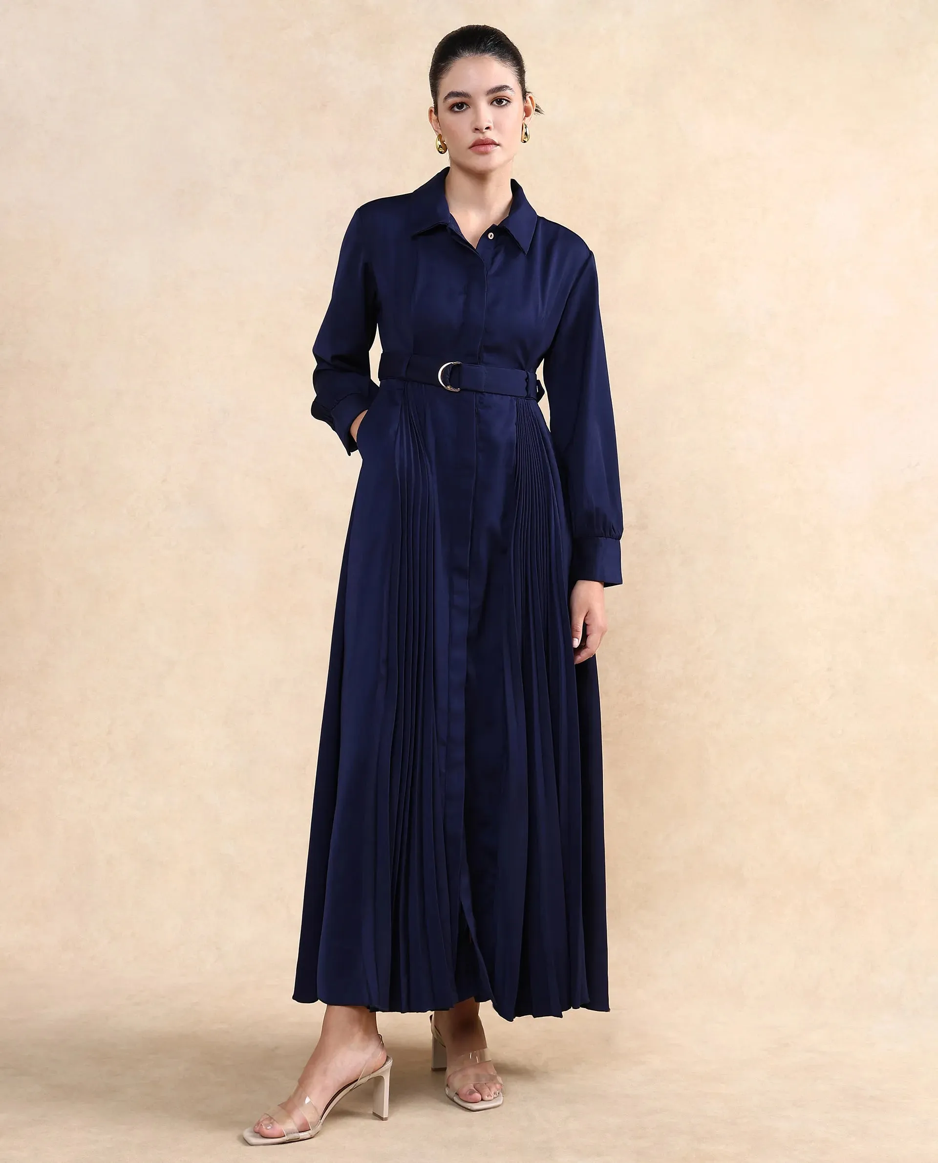 Rareism Women Vanadzor Navy Satin Bishop Sleeve Collared Neck Button Closure Flared Fit Maxi Plain Dress