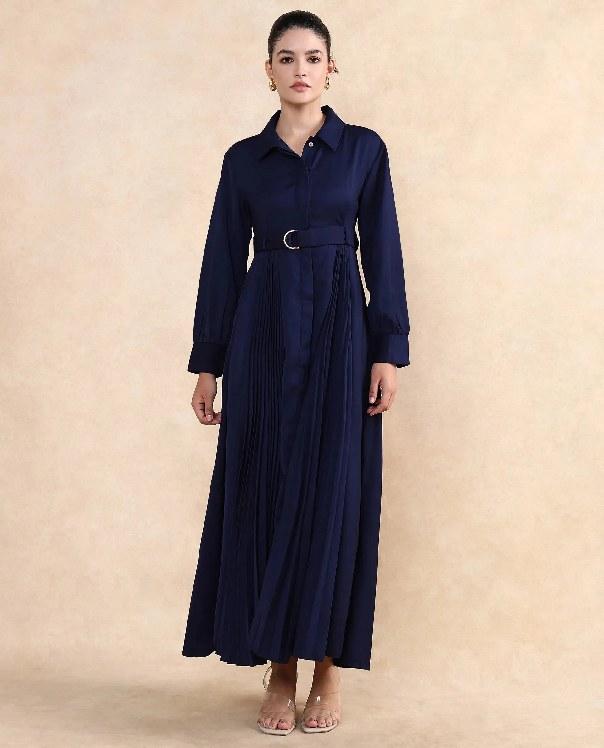 Rareism Women Vanadzor Navy Satin Bishop Sleeve Collared Neck Button Closure Flared Fit Maxi Plain Dress